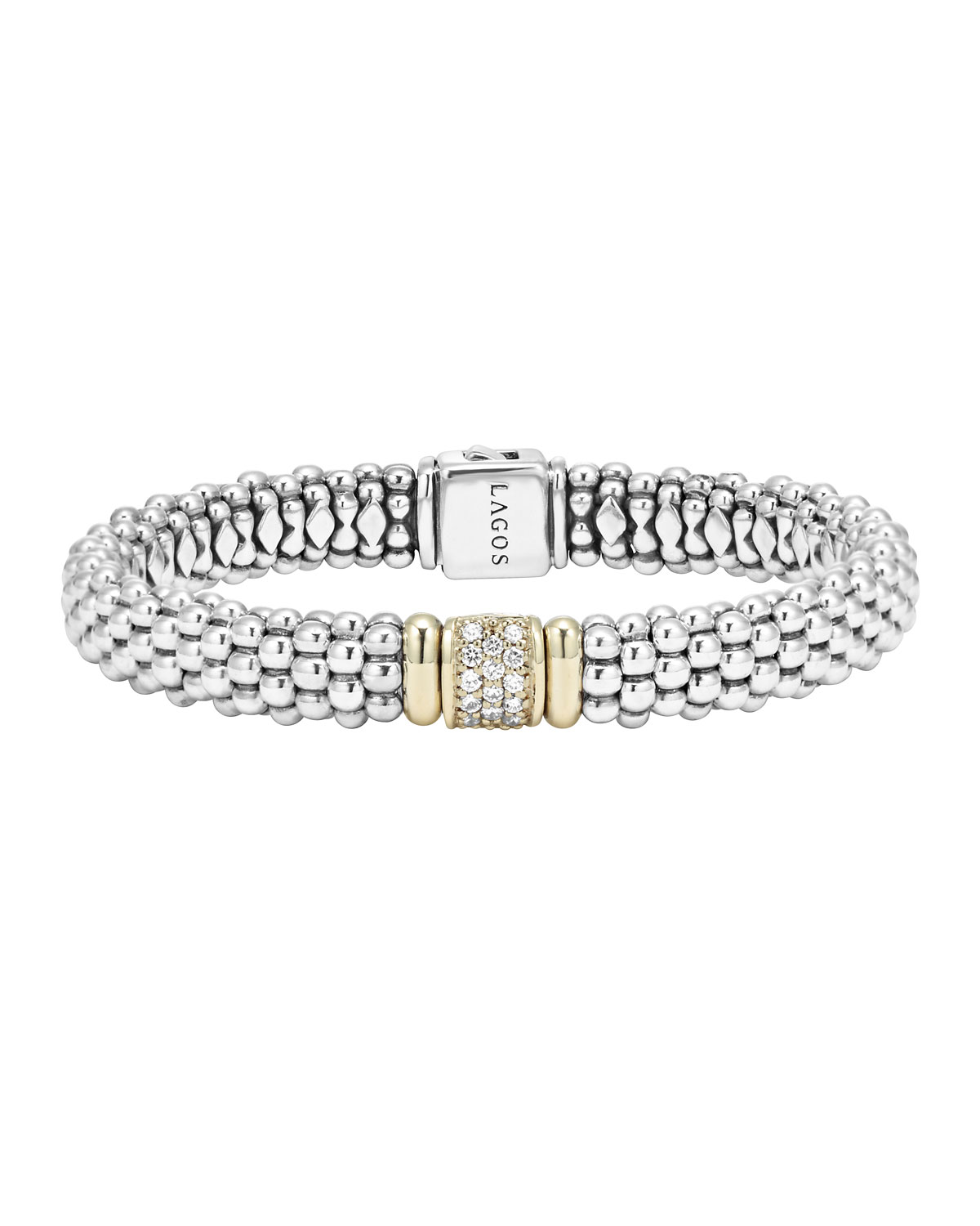 Silver Caviar Bracelet with 18k Gold, 9mm