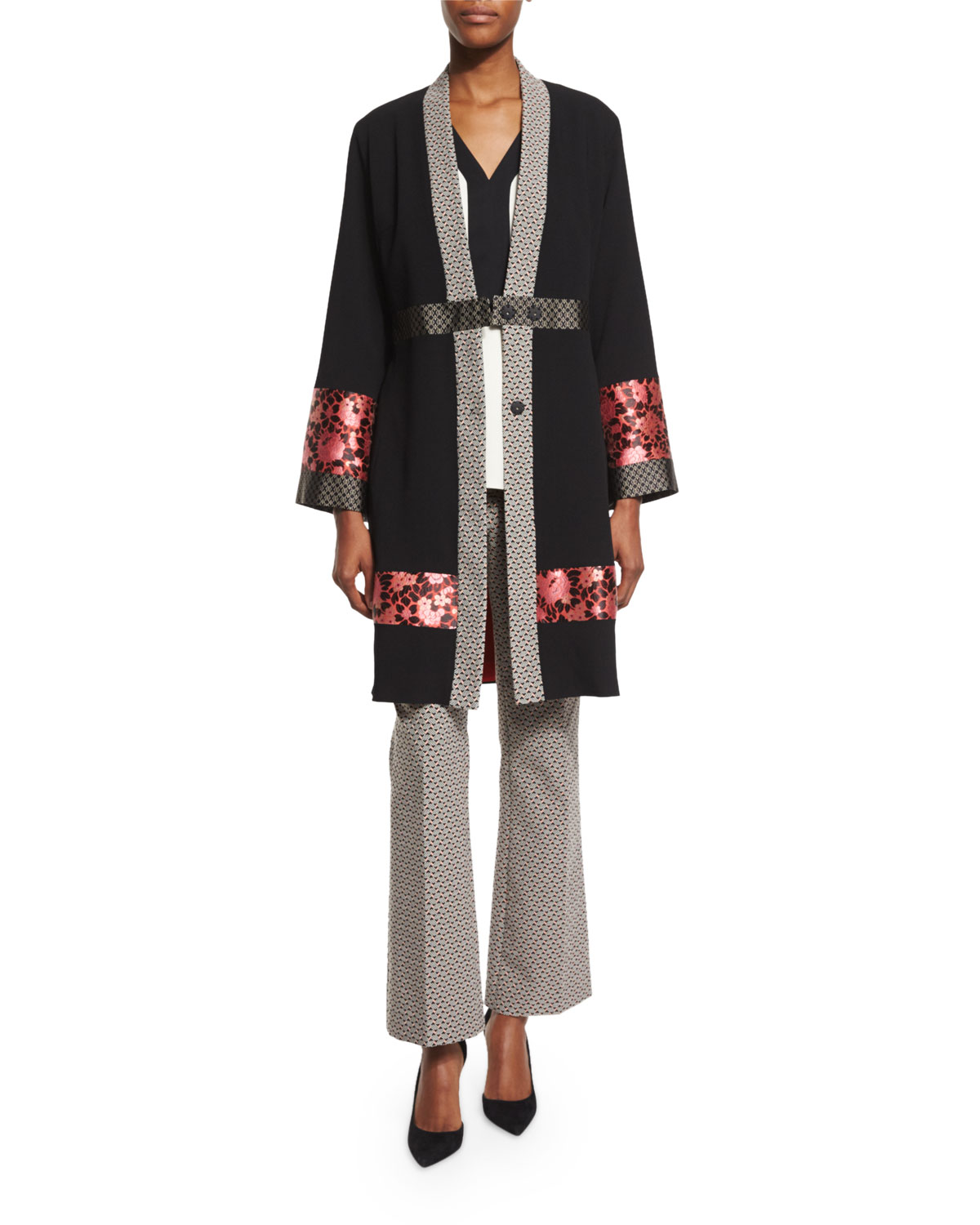 Long-Sleeve Kimono Topper Coat, Black