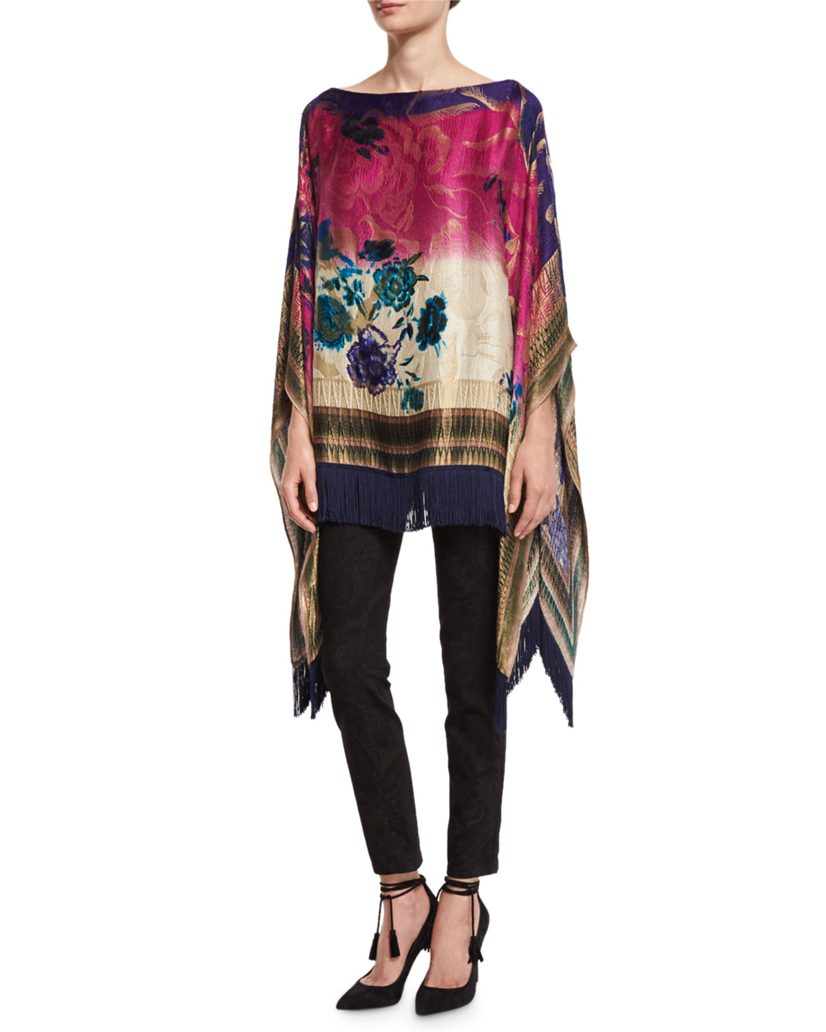 Floral Fringe-Trim Poncho, Blue/Pink