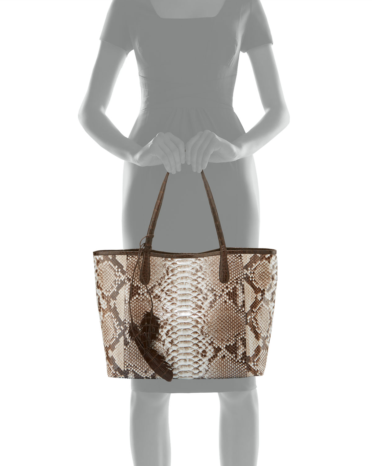 Erica Python Shopper Tote Bag, Natural/Chocolate