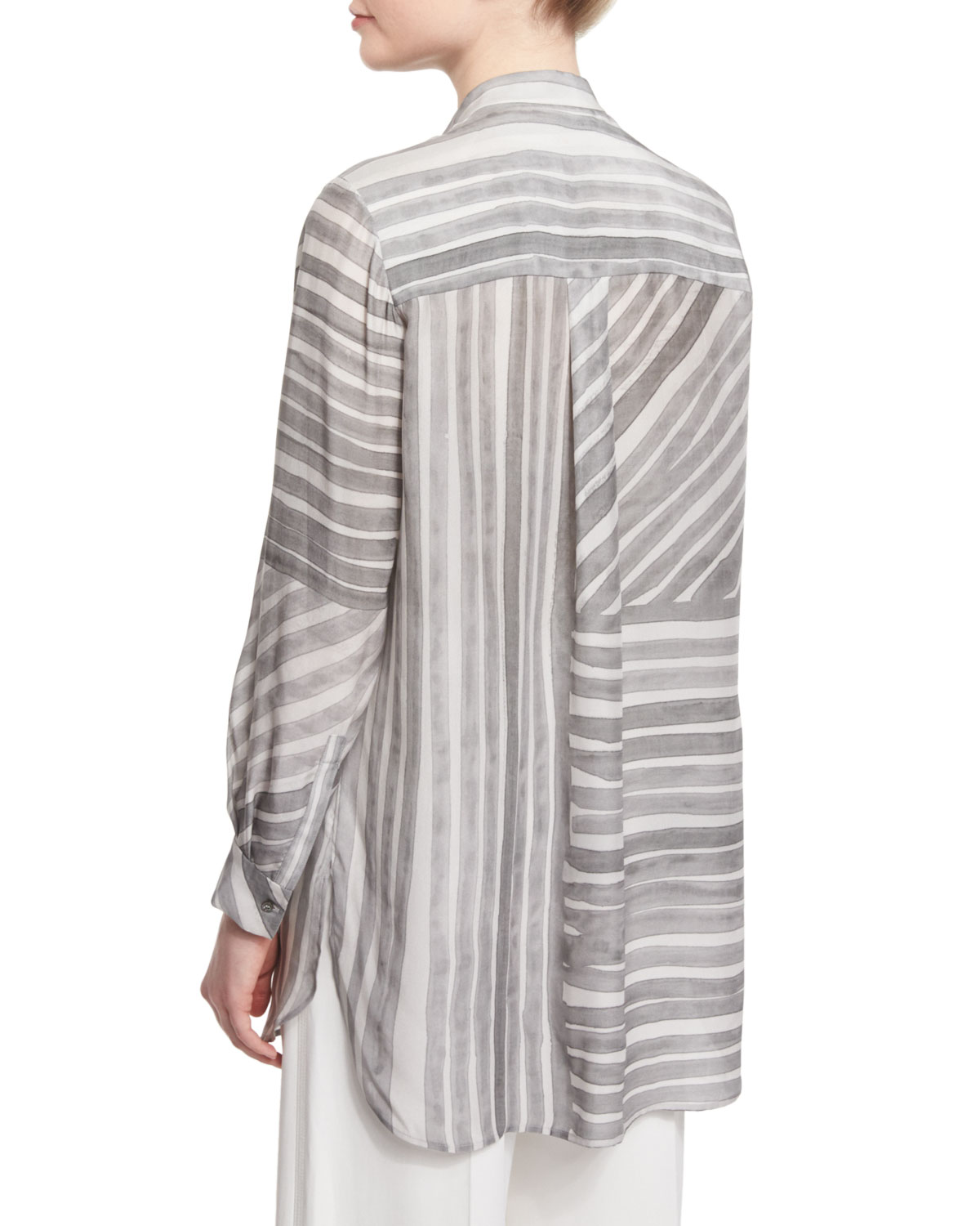 Dara Long-Sleeve Striped Blouse, Gray