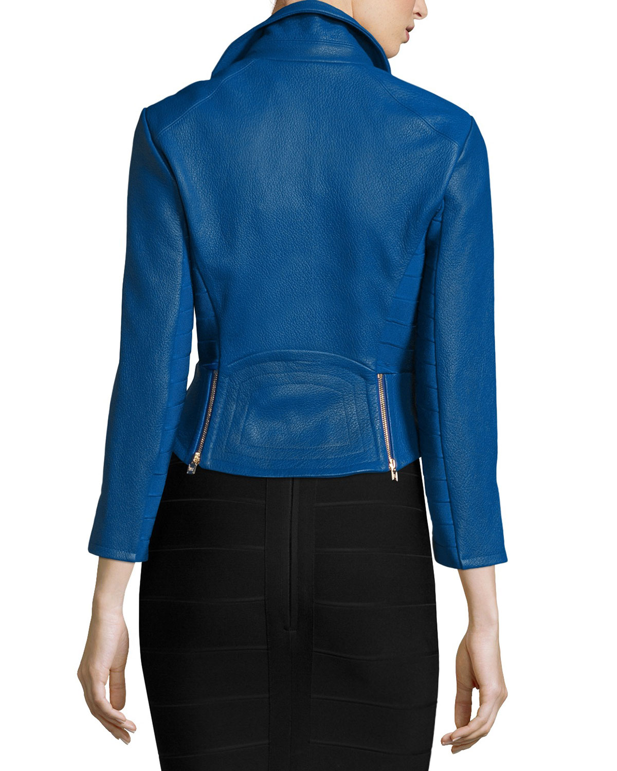 Zip-Front Leather Biker Jacket, Blue Sapphire