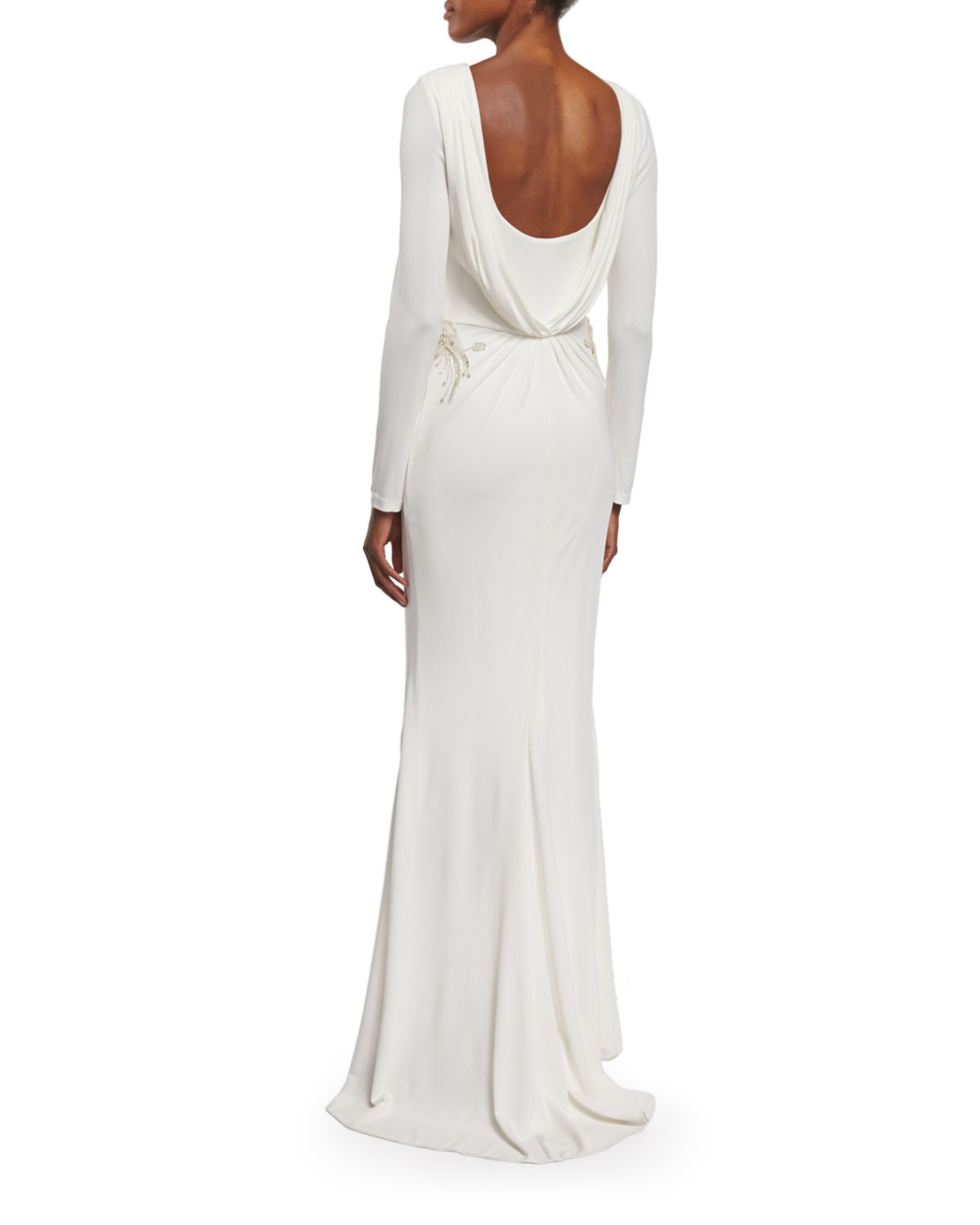 Draped-Back Embellished Gown, Ivory