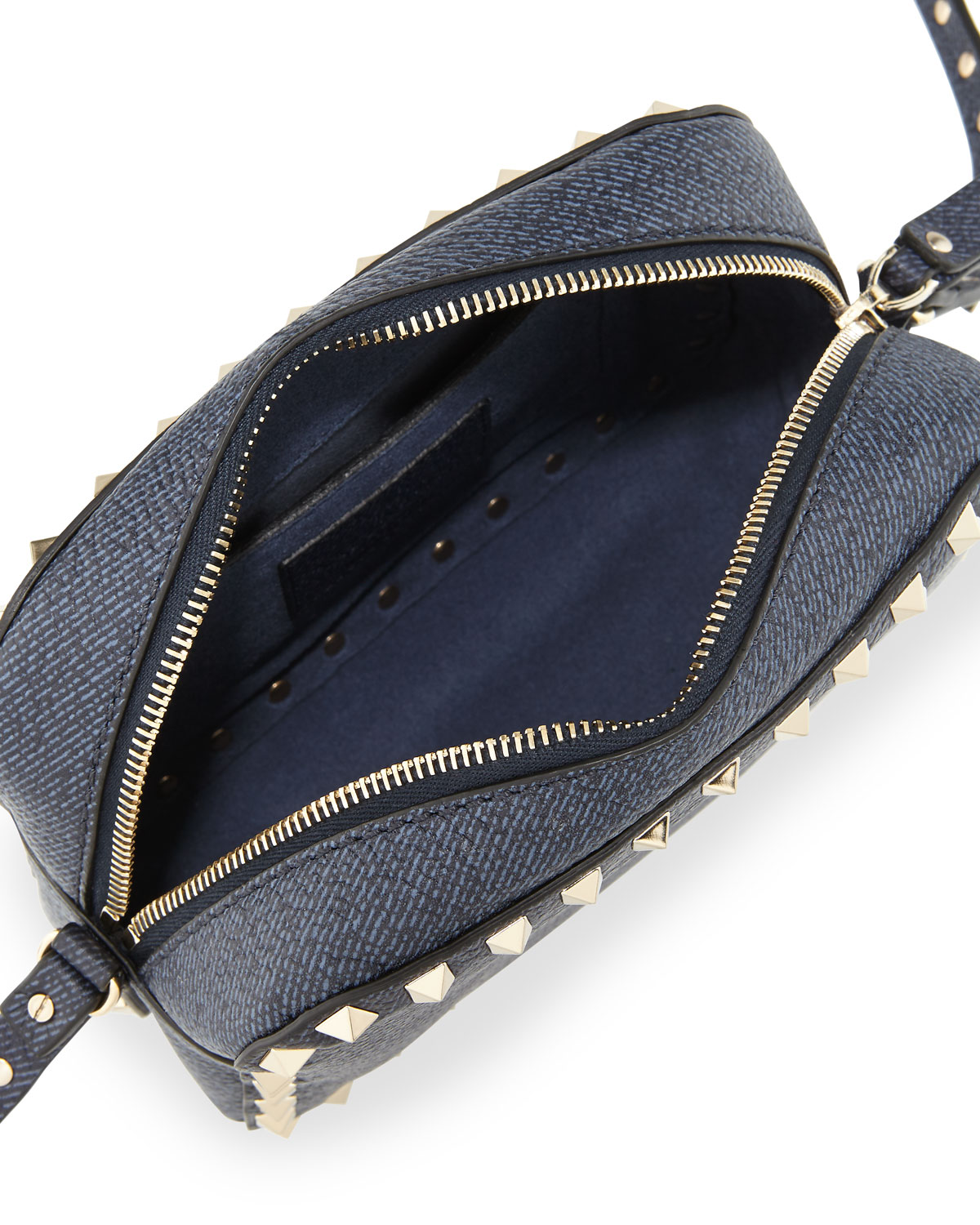 Rockstud Leather Camera Crossbody Bag, Denim Blue