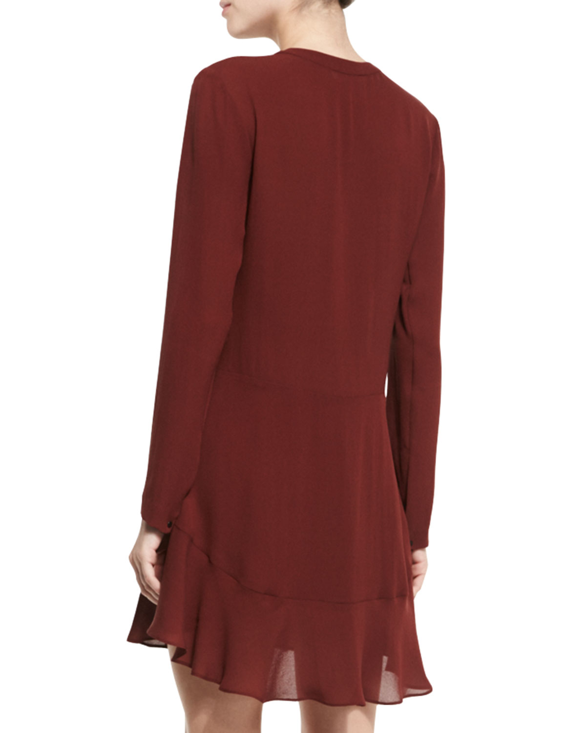 Montana Long-Sleeve Silk Flounce Dress, Burgundy 