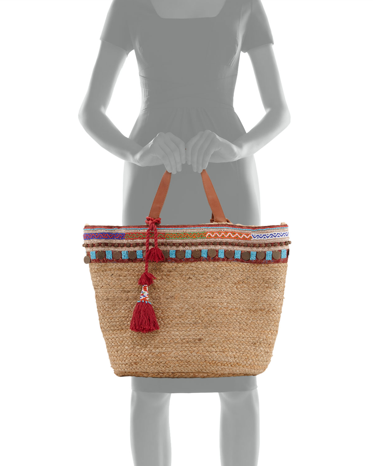 Marrakesh Embroidered Straw Beach Tote Bag, Beige