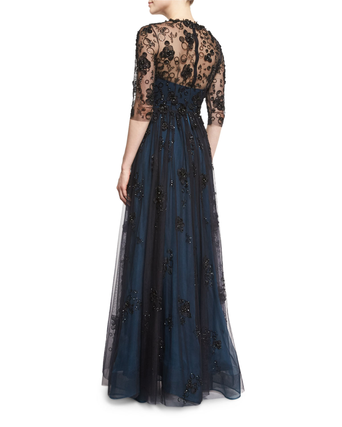 Half-Sleeve Embellished Gown, Black Abusson Blue