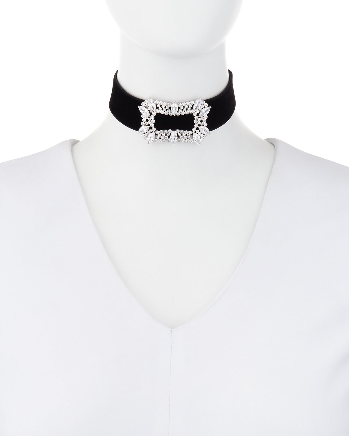 Toria Velvet Crystal-Buckle Choker Necklace, Black