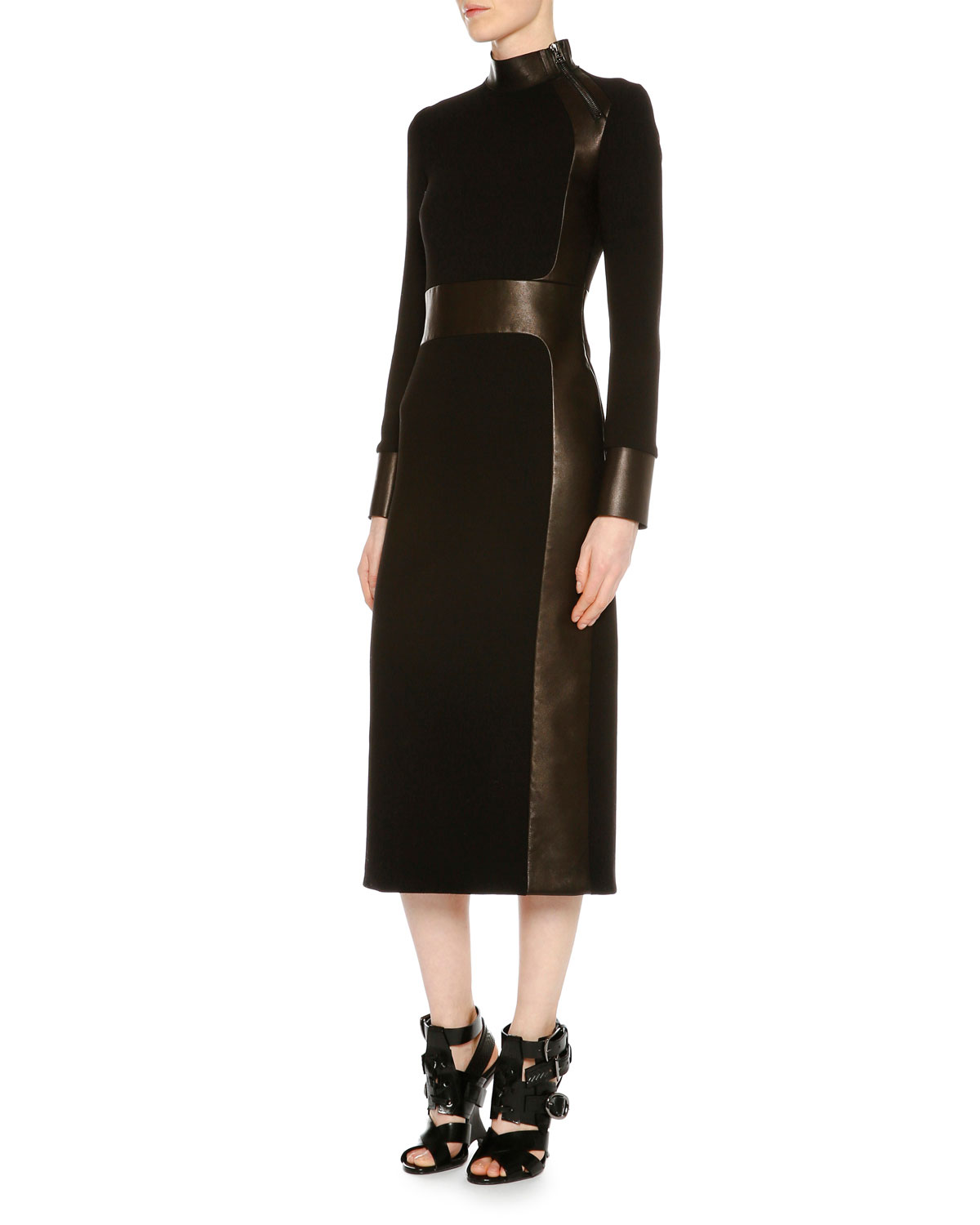 Long-Sleeve Combo Midi Sheath Dress, Black