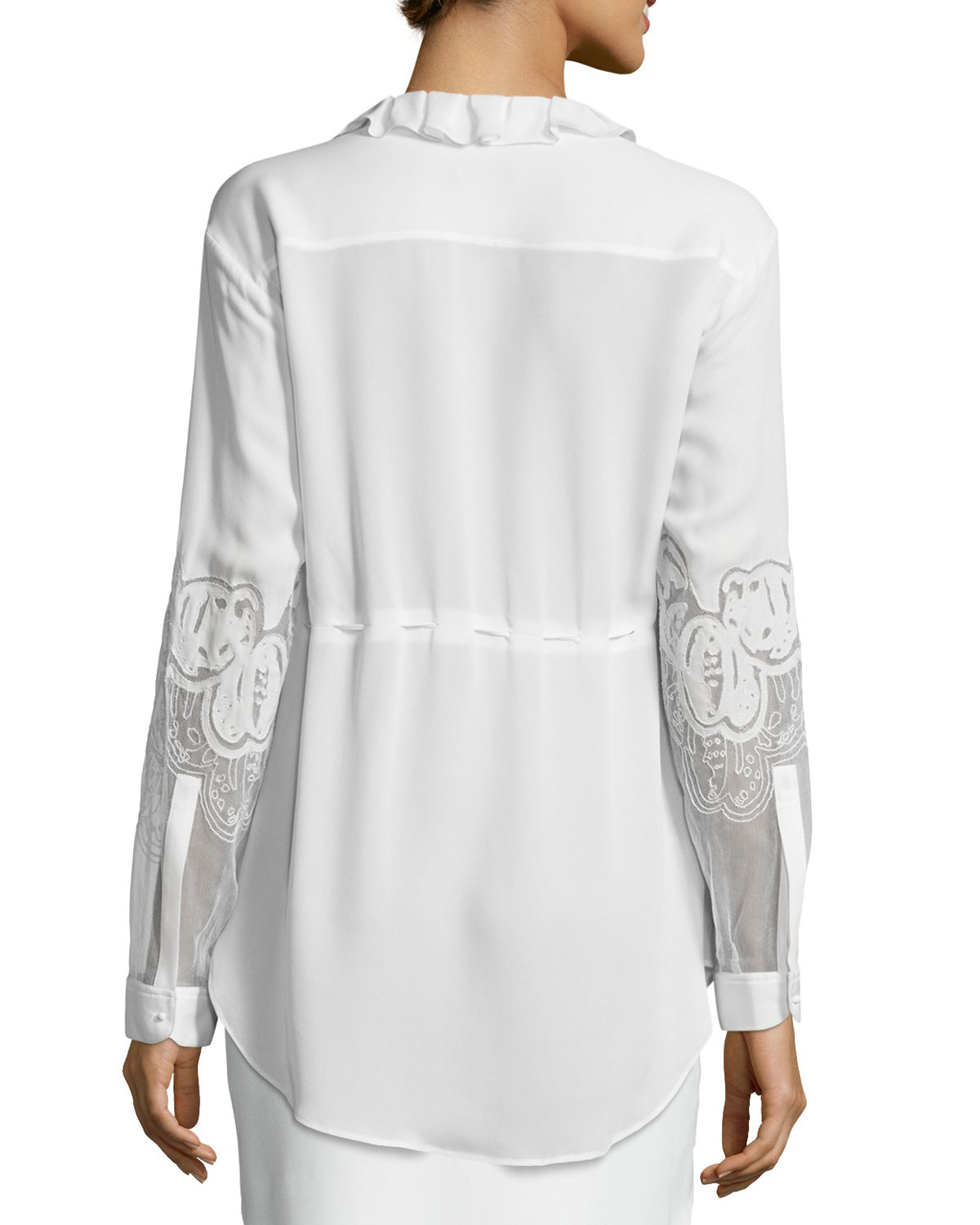 Ruffled-Collar Lace-Sleeve Blouse, Chalk