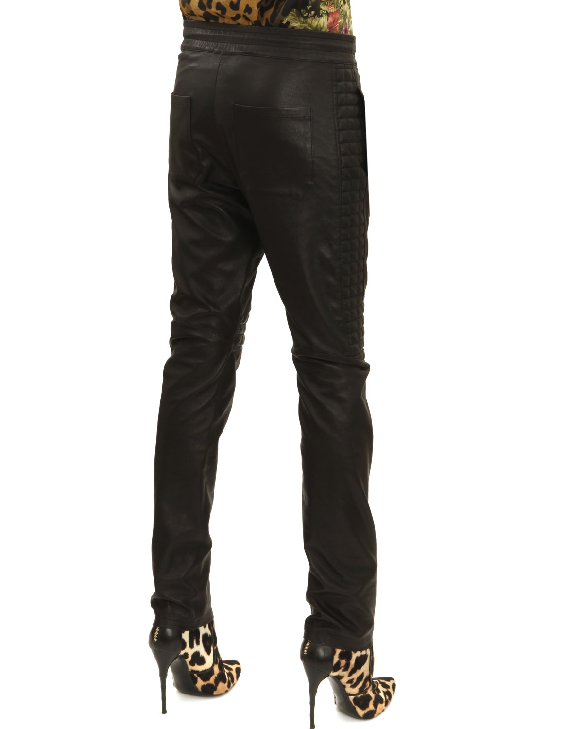 Drawstring Waist Leather Moto Pants, Noir (Black)