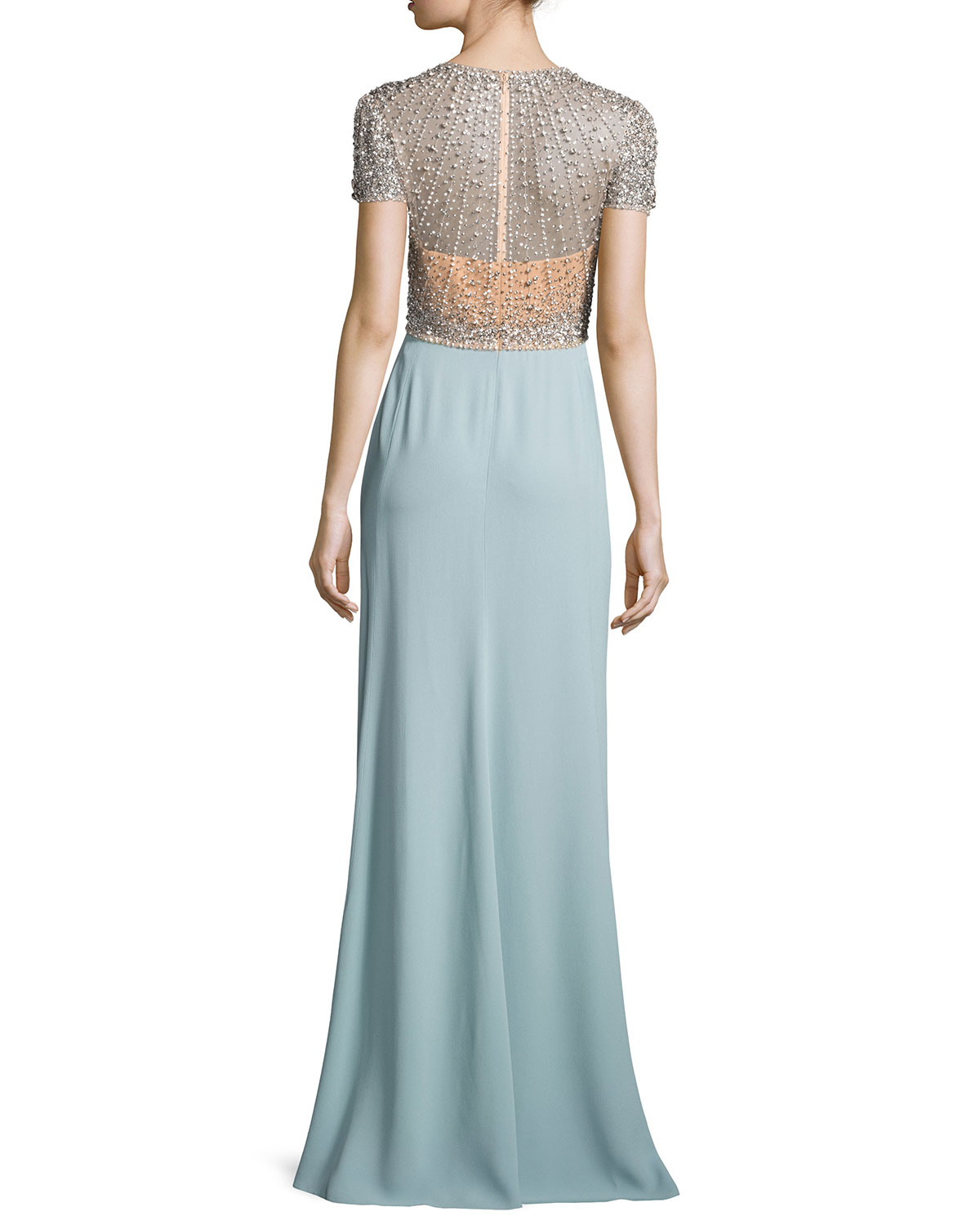 Crystal-Bodice Short-Sleeve Gown, Illusion/Stormy Blue