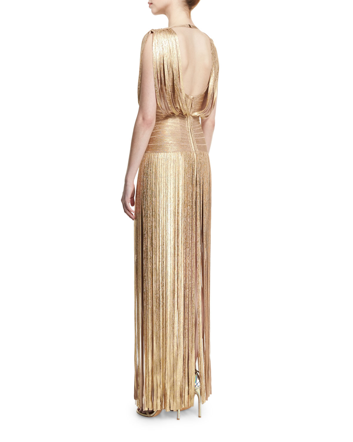 Sleeveless Metallic Fringe Gown, Gold Champagne