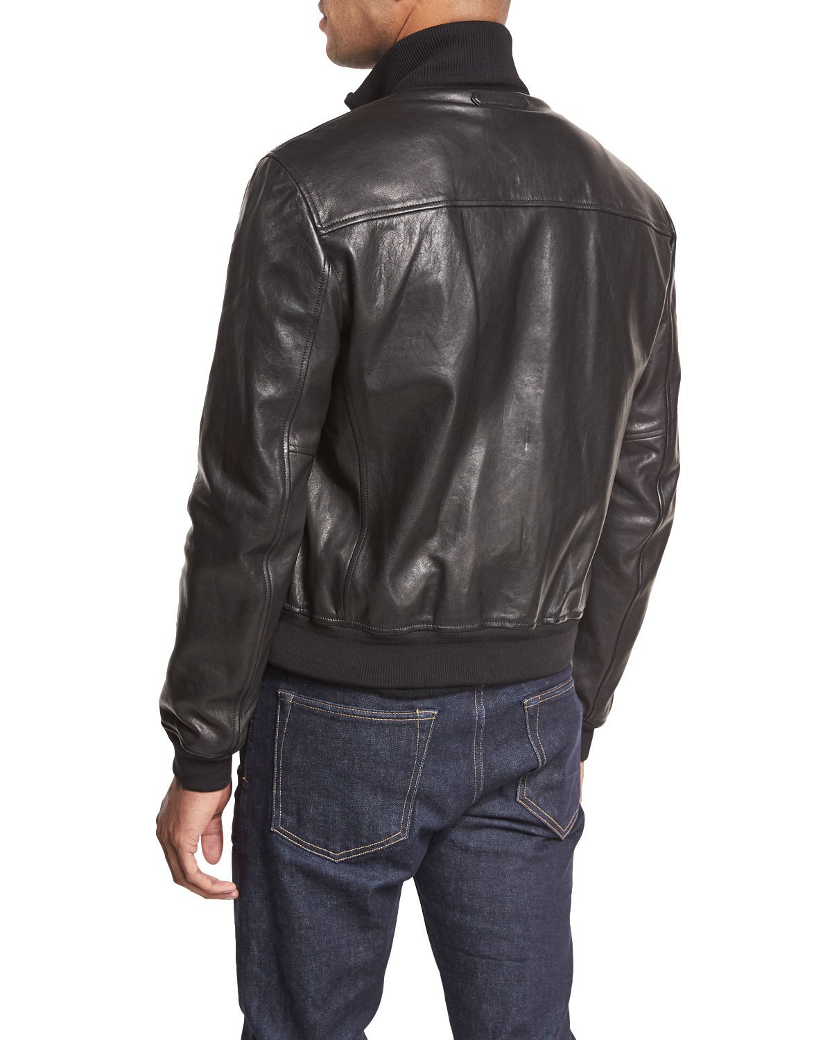 Lamb Leather Funnel-Neck Bomber Jacket, Black