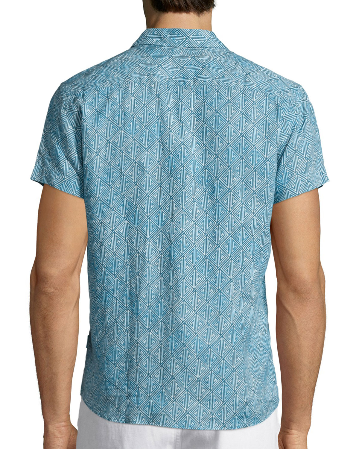 Batik-Print Short-Sleeve Linen Shirt, Teal