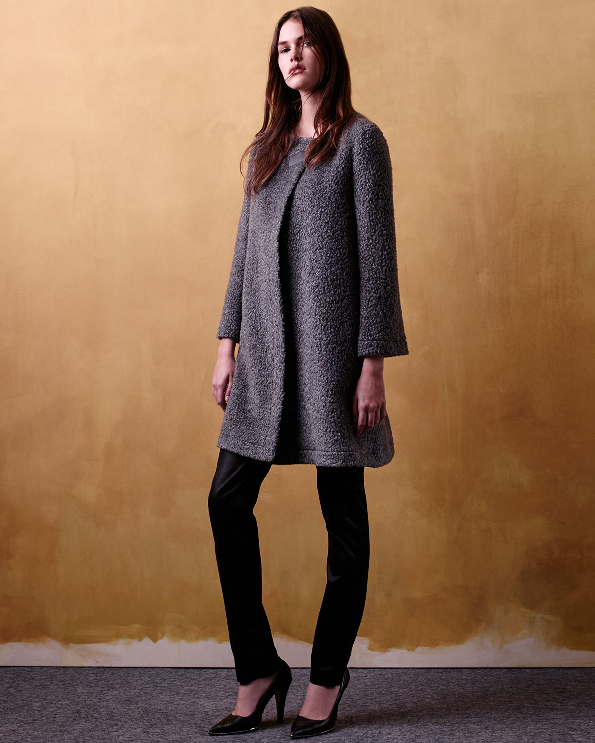 Long-Sleeve Boucle Trapeze Coat, Gray