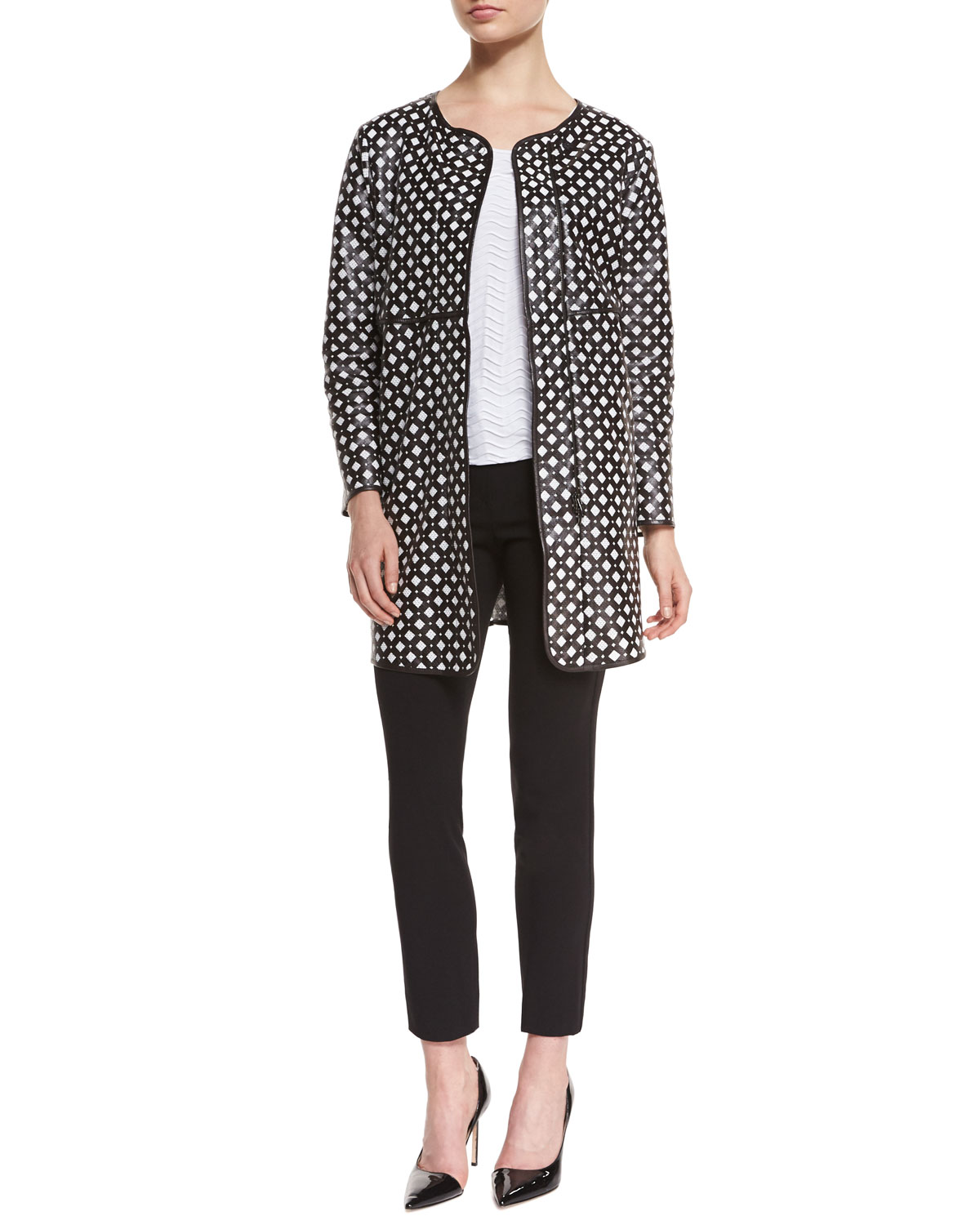 Perforated Leather Coat, Black/White