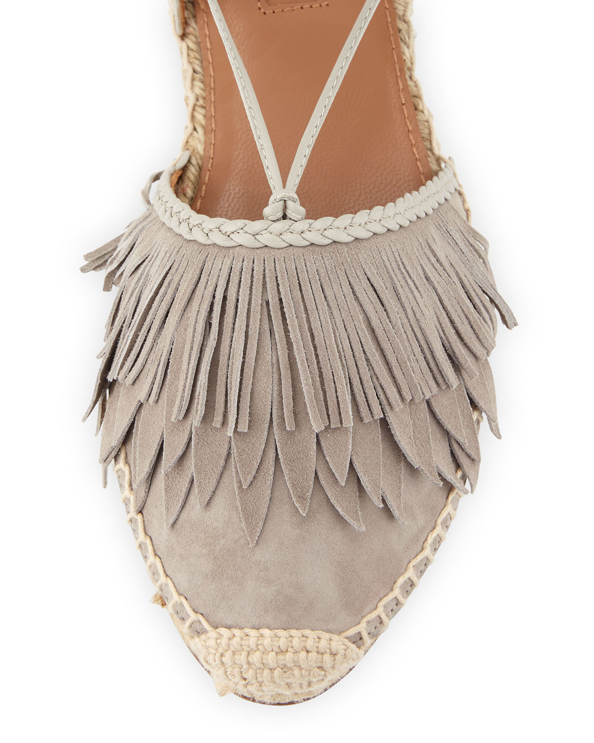 Fringe Suede & Leather Espadrille Flat, Light Gray