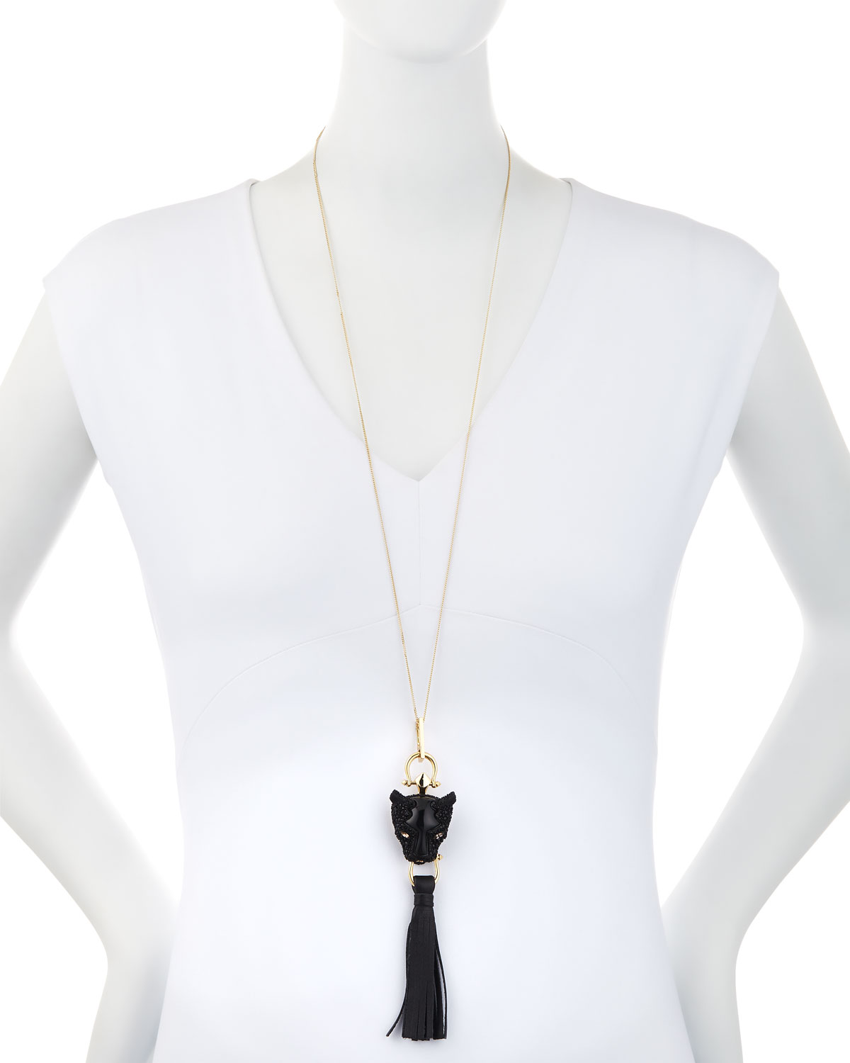 Crystal Panther Tassel Necklace, Black/Gold