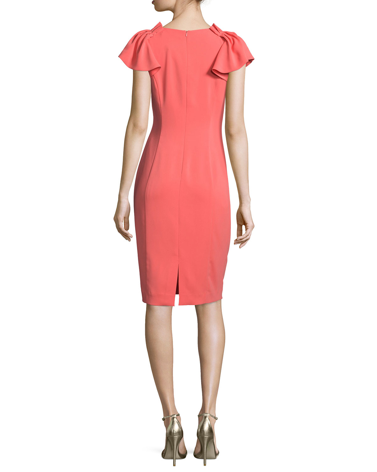 Pleated-Sleeve Sheath Dress, Bright Coral