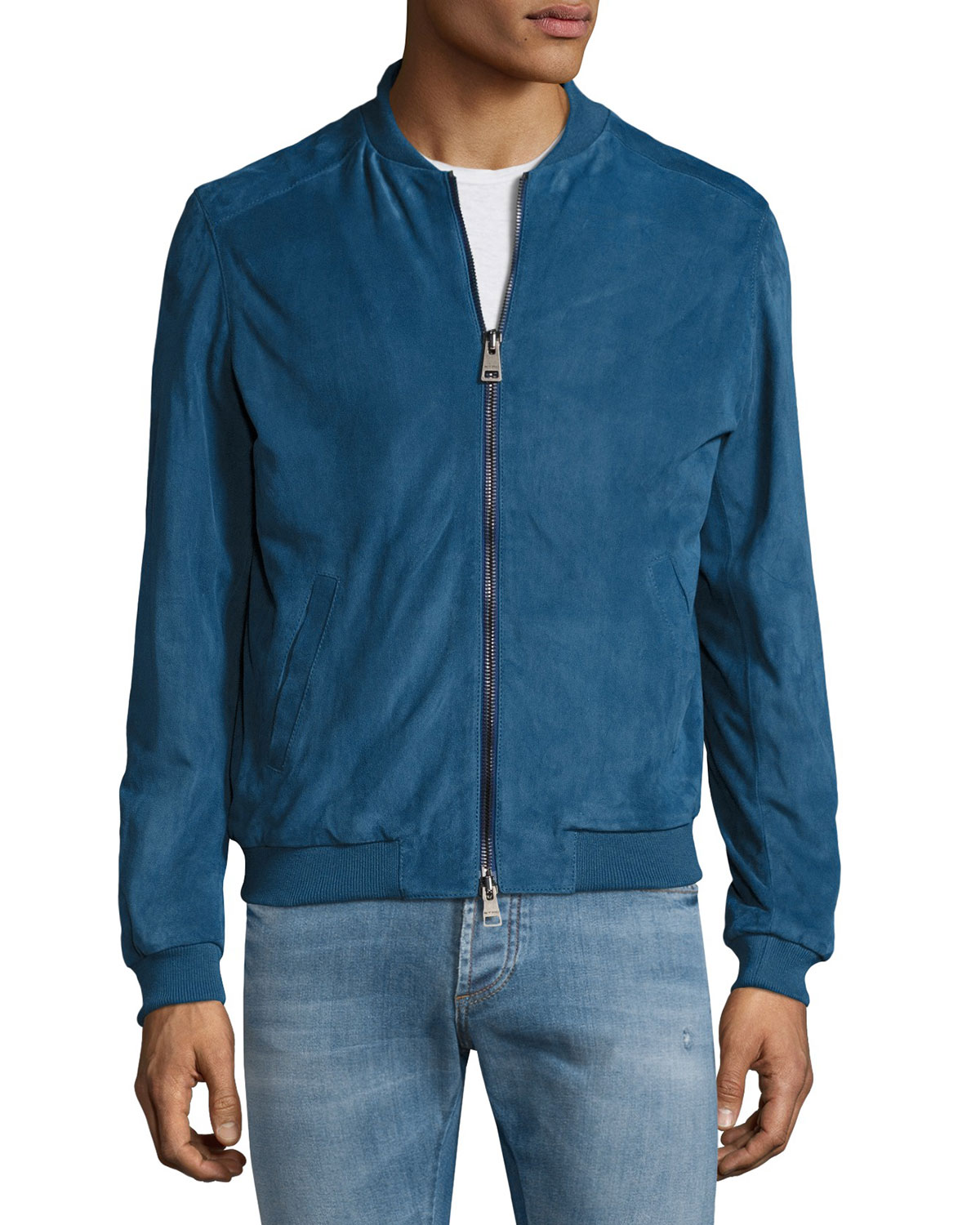 Classic Suede Bomber Jacket, Light Blue