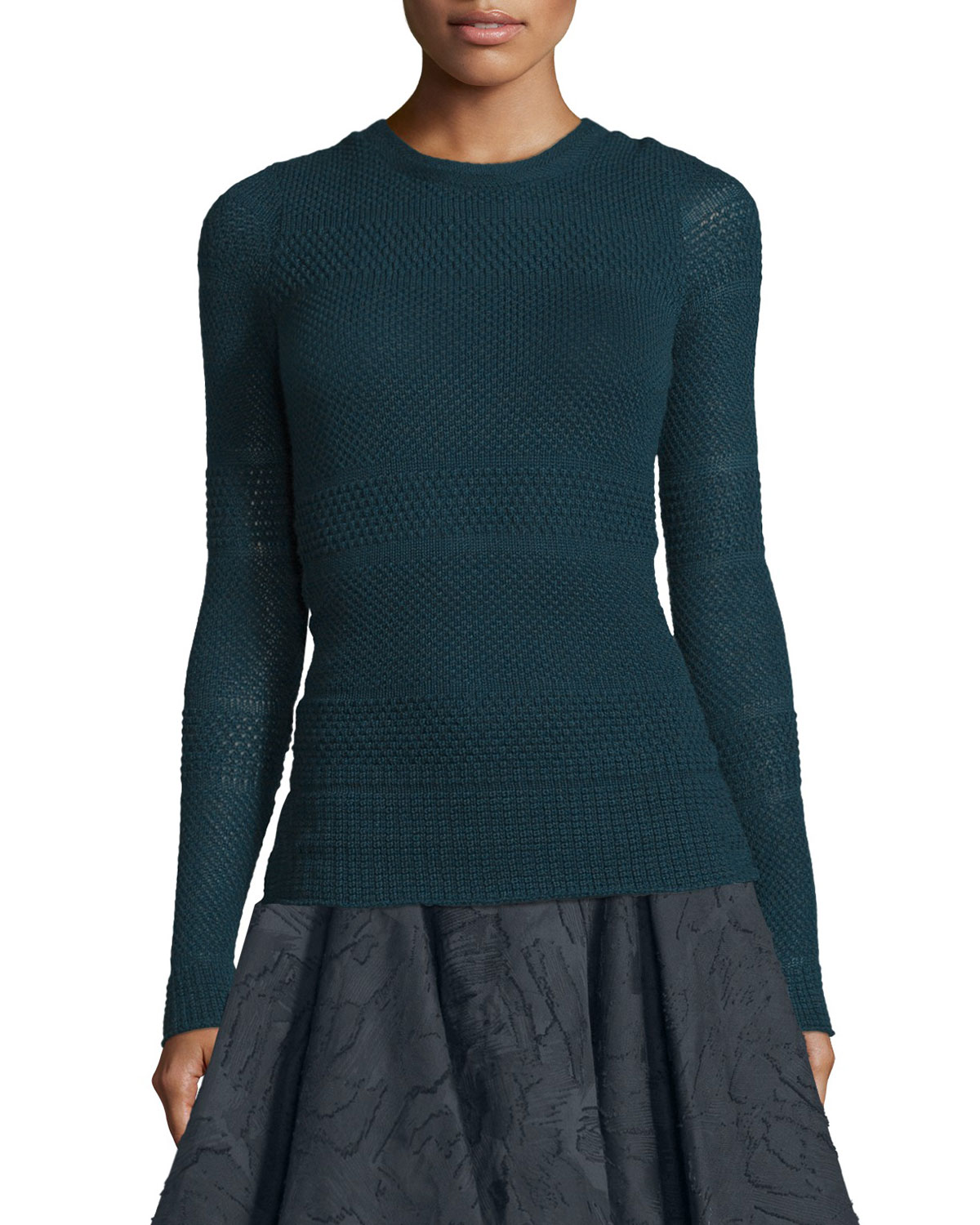 Long-Sleeve Crochet Pullover, Petrol