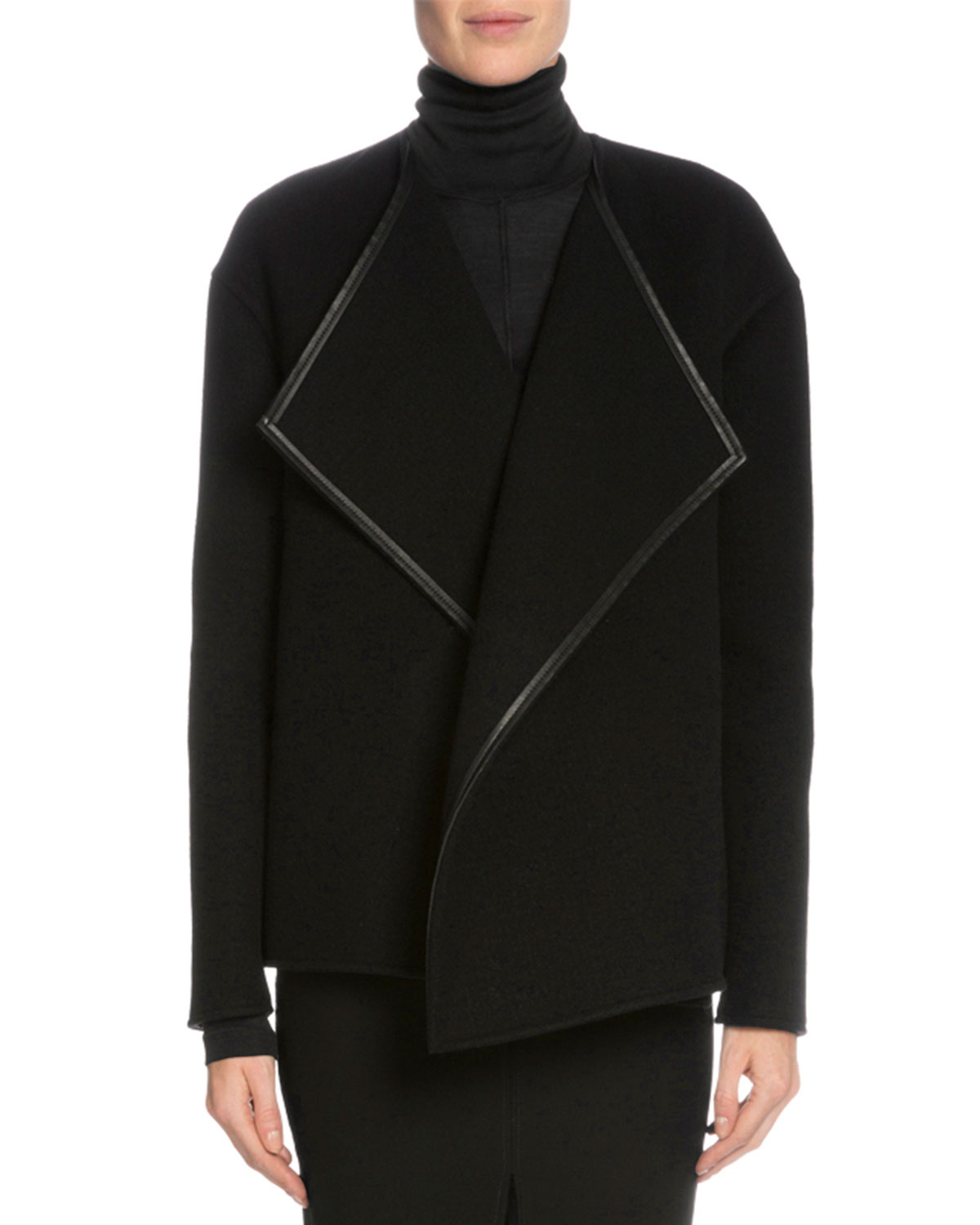 Leather-Trim Cashmere Wrap Jacket, Black