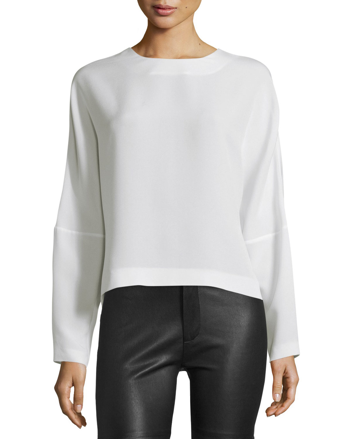 Soha Long-Sleeve Crepe Lace-Back Top, Ecru