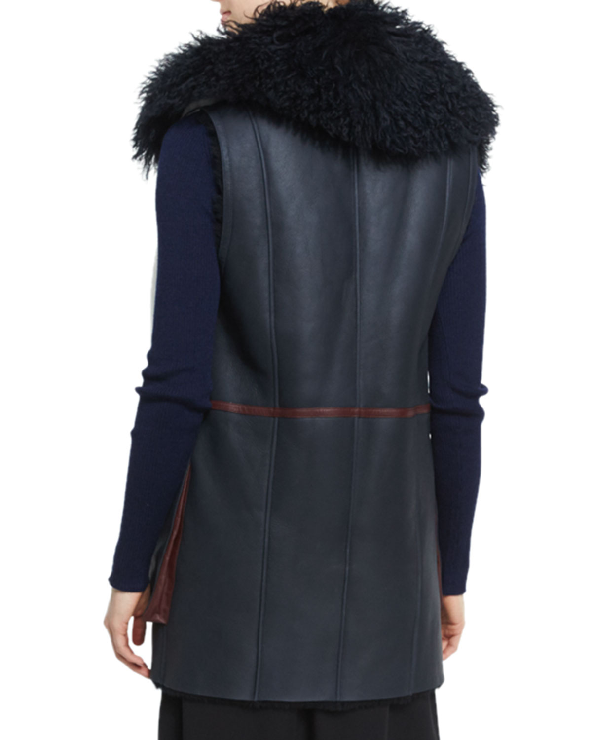 Lyle Colorblock Shearling Vest, Navy/White/Bordeaux