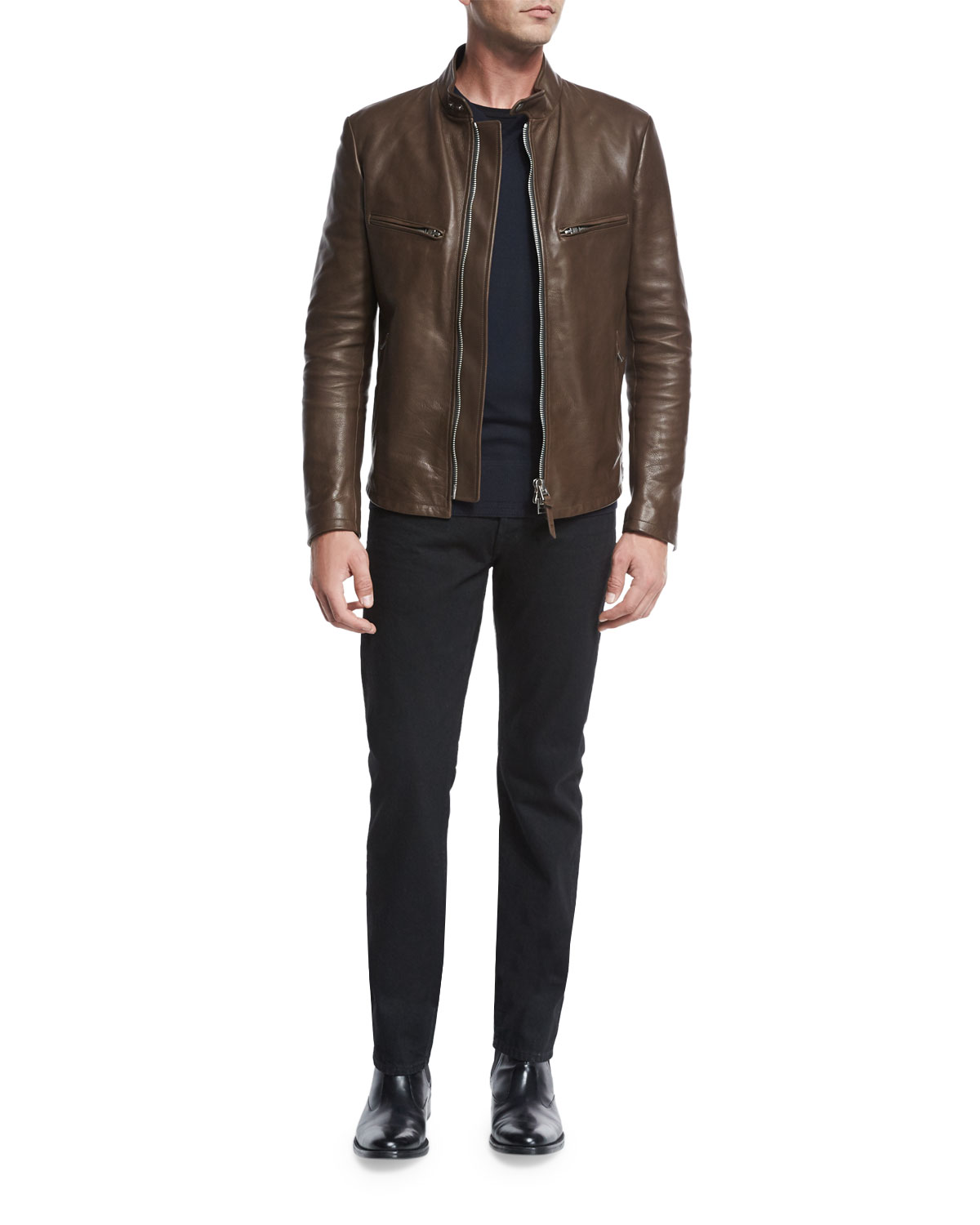 Leather Café Biker Jacket, Brown