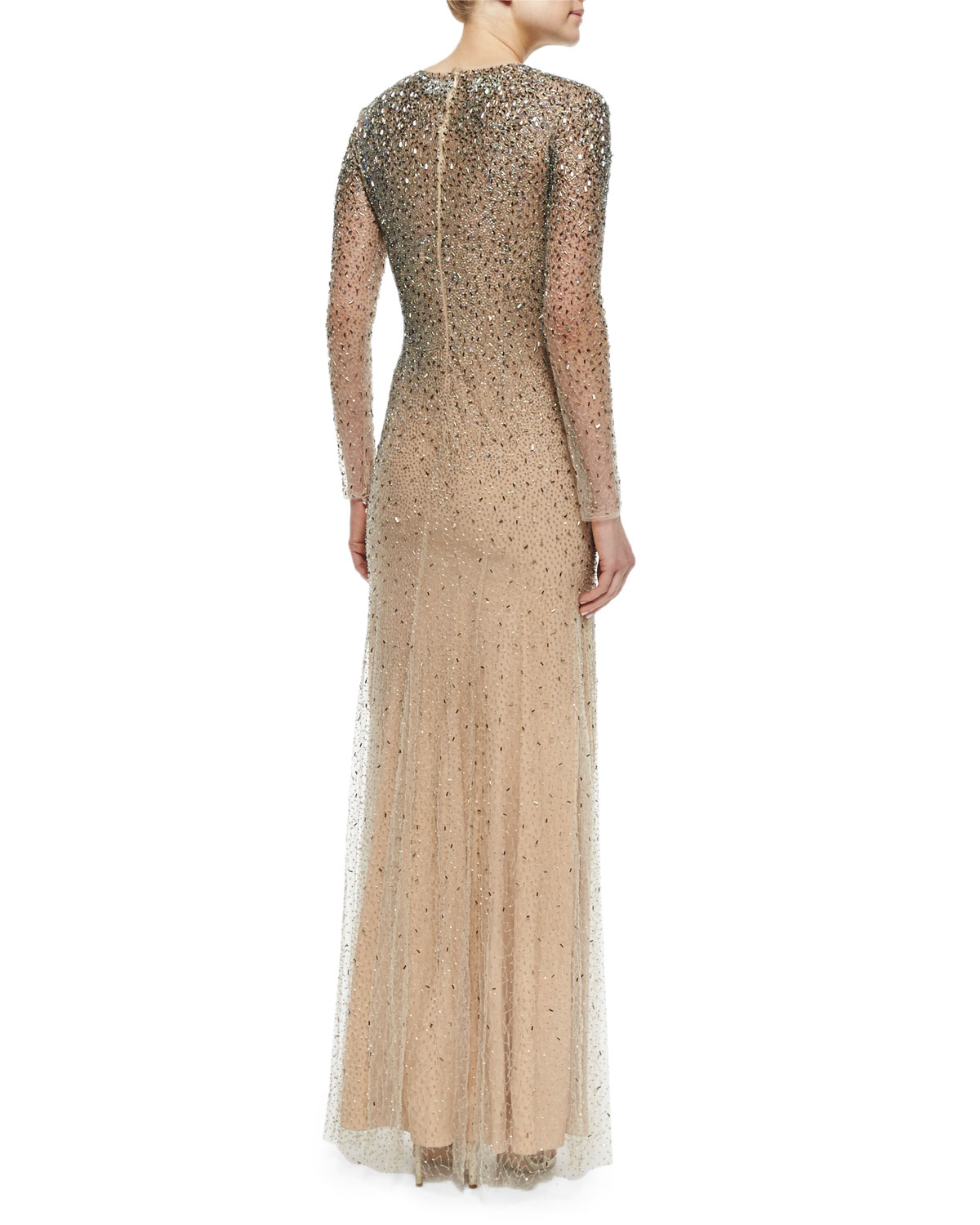 Long-Sleeve Embellished Gown, Silver