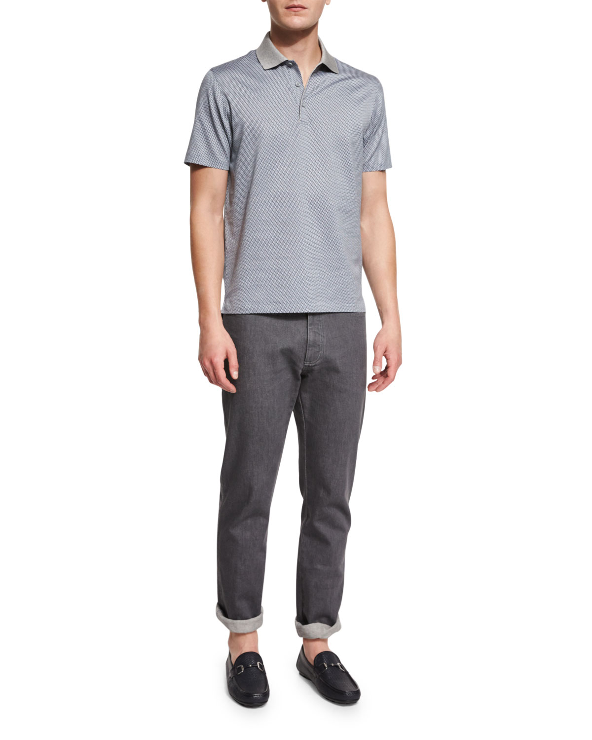 Printed Short-Sleeve Polo Shirt, Gray