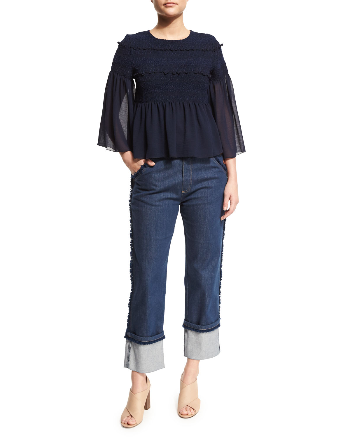 3/4-Sleeve Embroidered Peplum Top, Dark Navy
