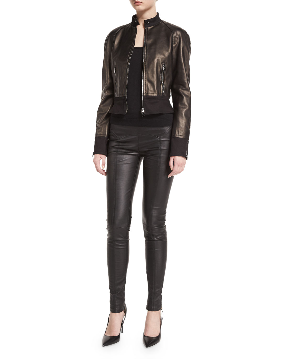 Yoke-Waist Leather Leggings, Black