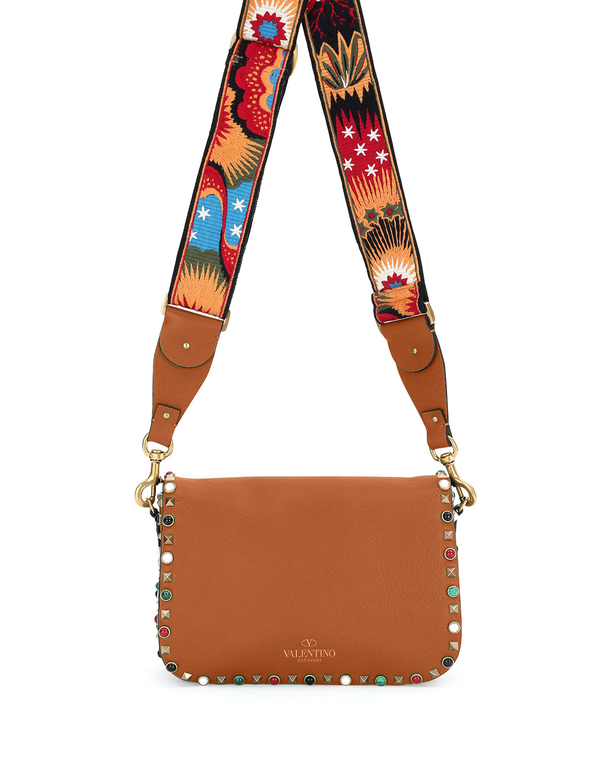 Rockstud Rolling Medium Enchanted Guitar-Strap Shoulder Bag, Tan
