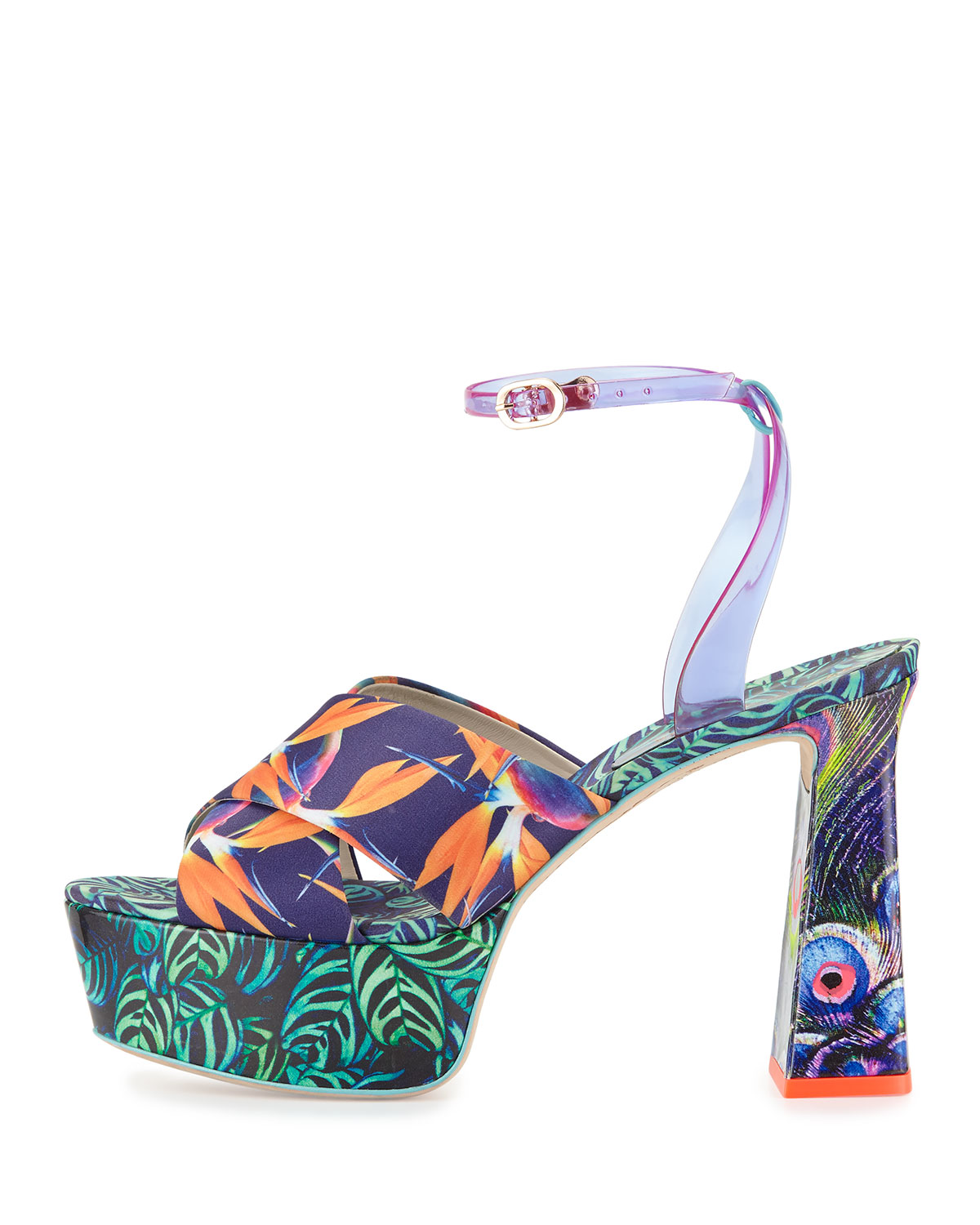 Effie Tropical-Print Platform Sandal, Navy/Green