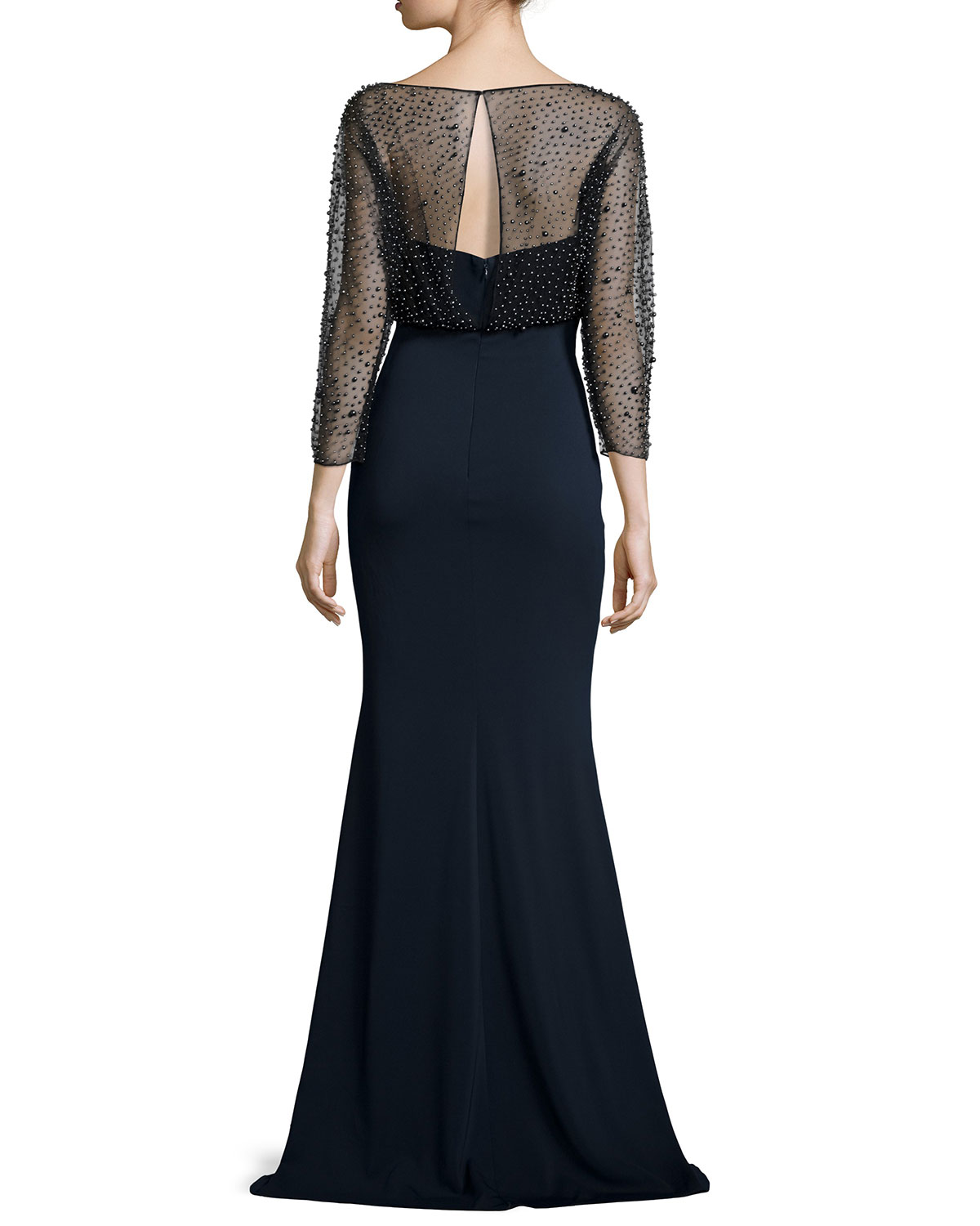 3/4-Sleeve Beaded Blouson Gown, Black/Navy