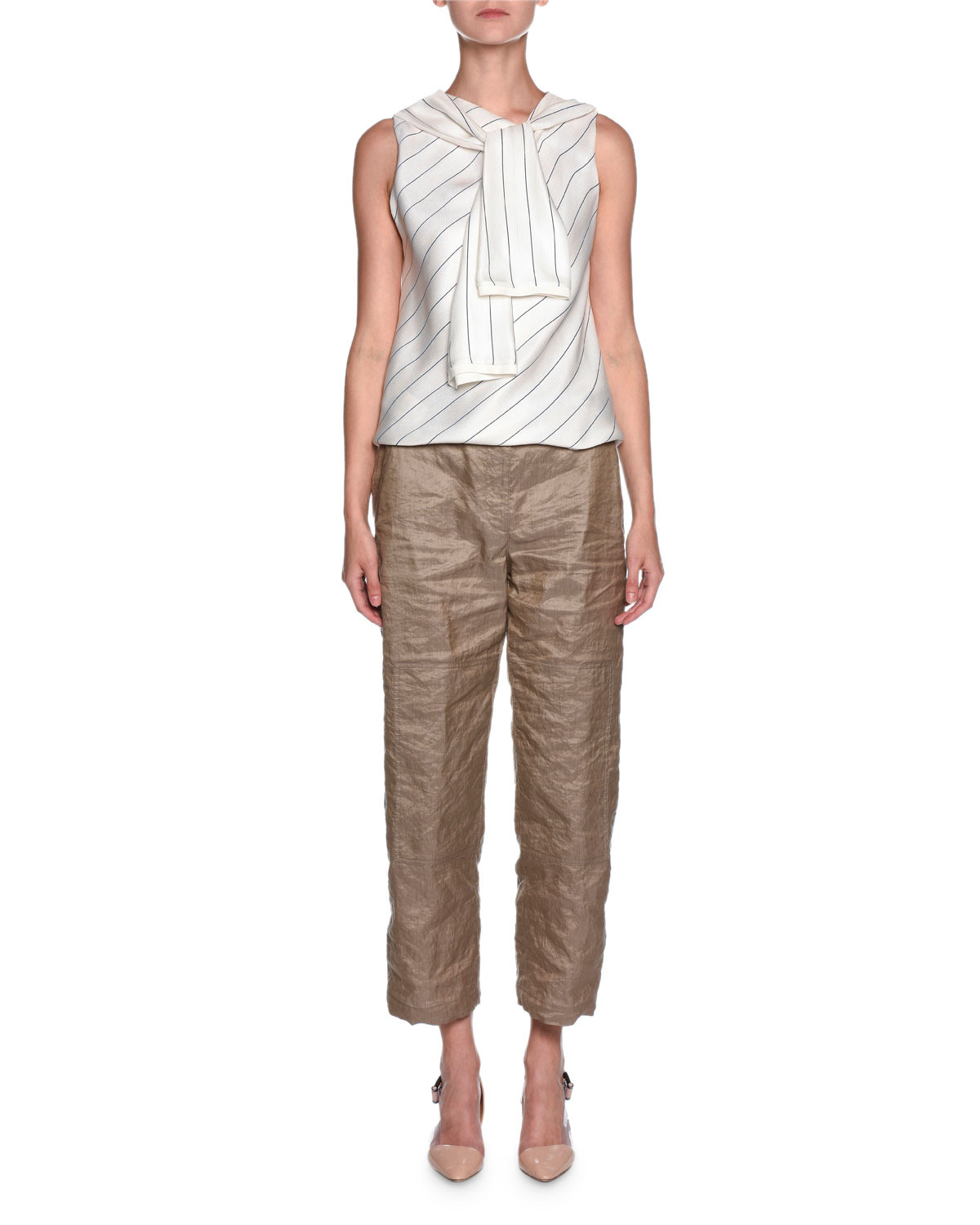 Belted Metallic Cropped Utility Pants, Nut