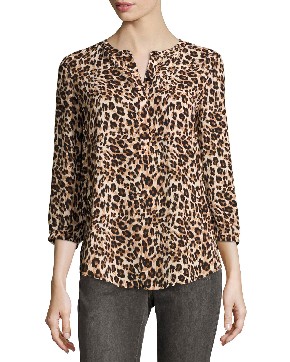 3/4-Sleeve Animal-Print Pleated-Back Blouse, Cheetah