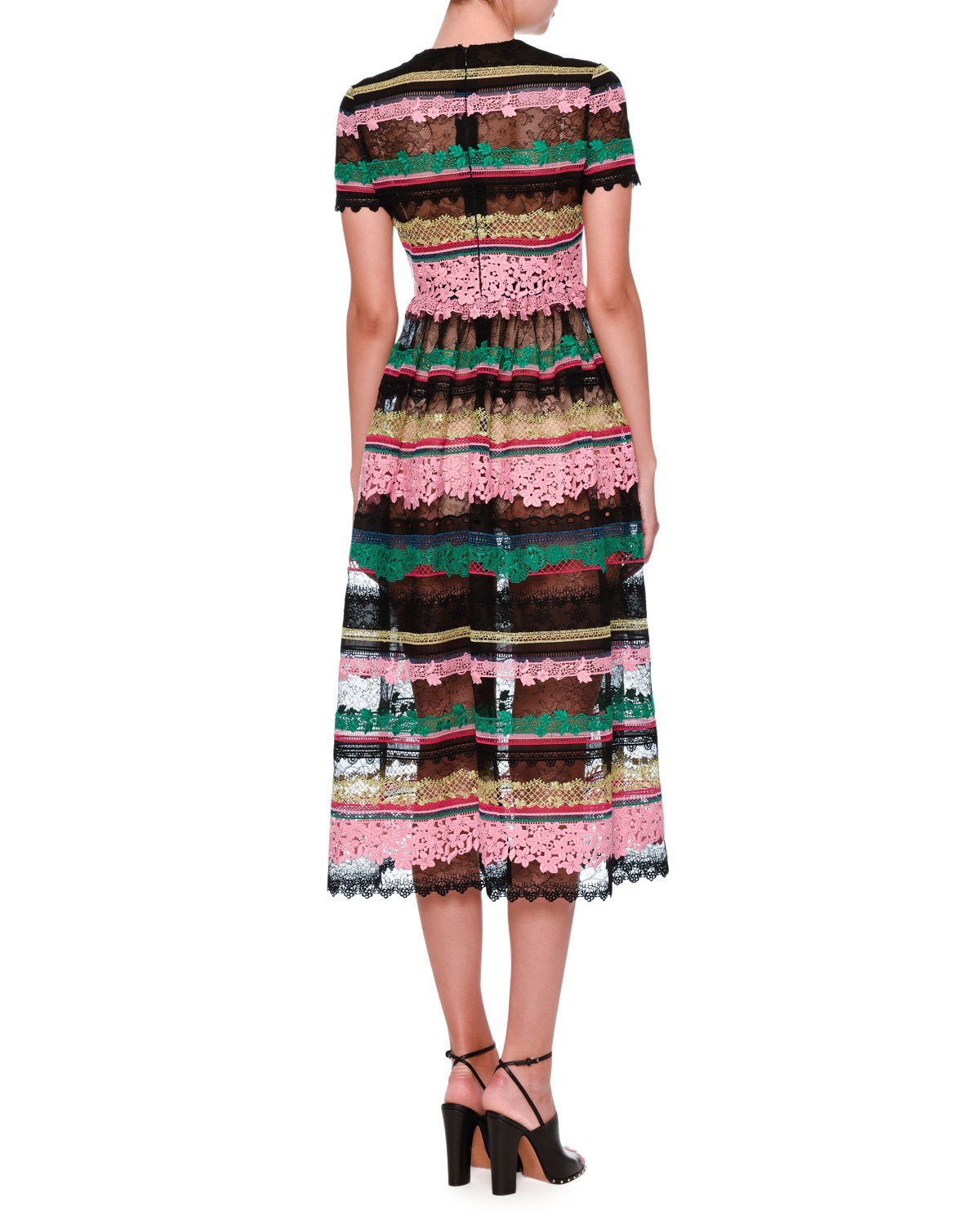 Striped-Lace Short-Sleeve Cocktail Dress, Multi/Black