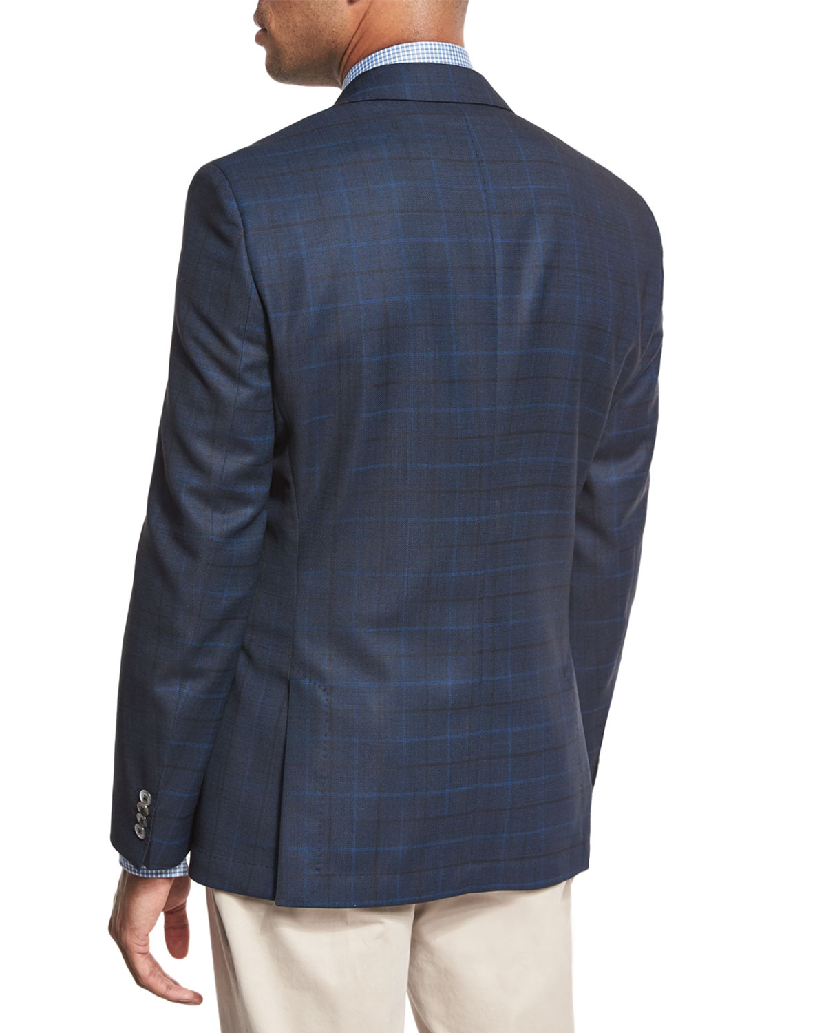 Windowpane-Check Wool Sport Coat, Navy/Teal