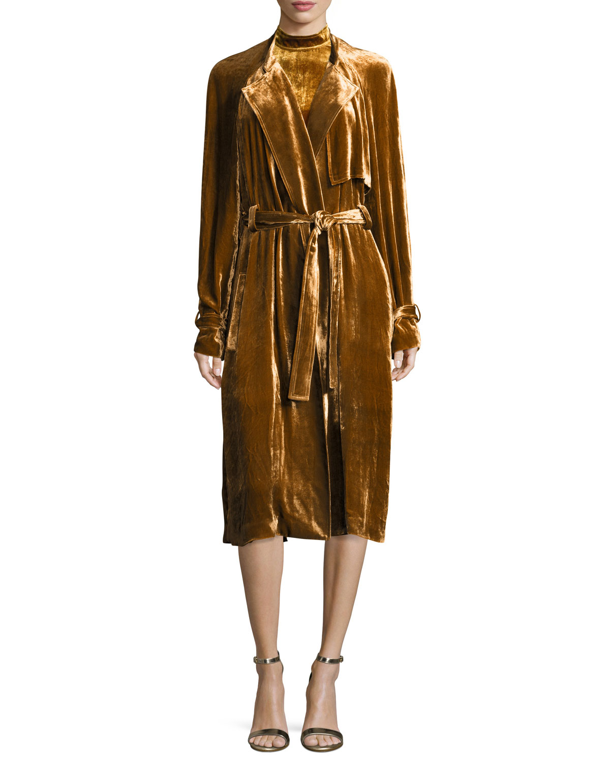 Augusto Belted Velvet Trenchcoat, Gold