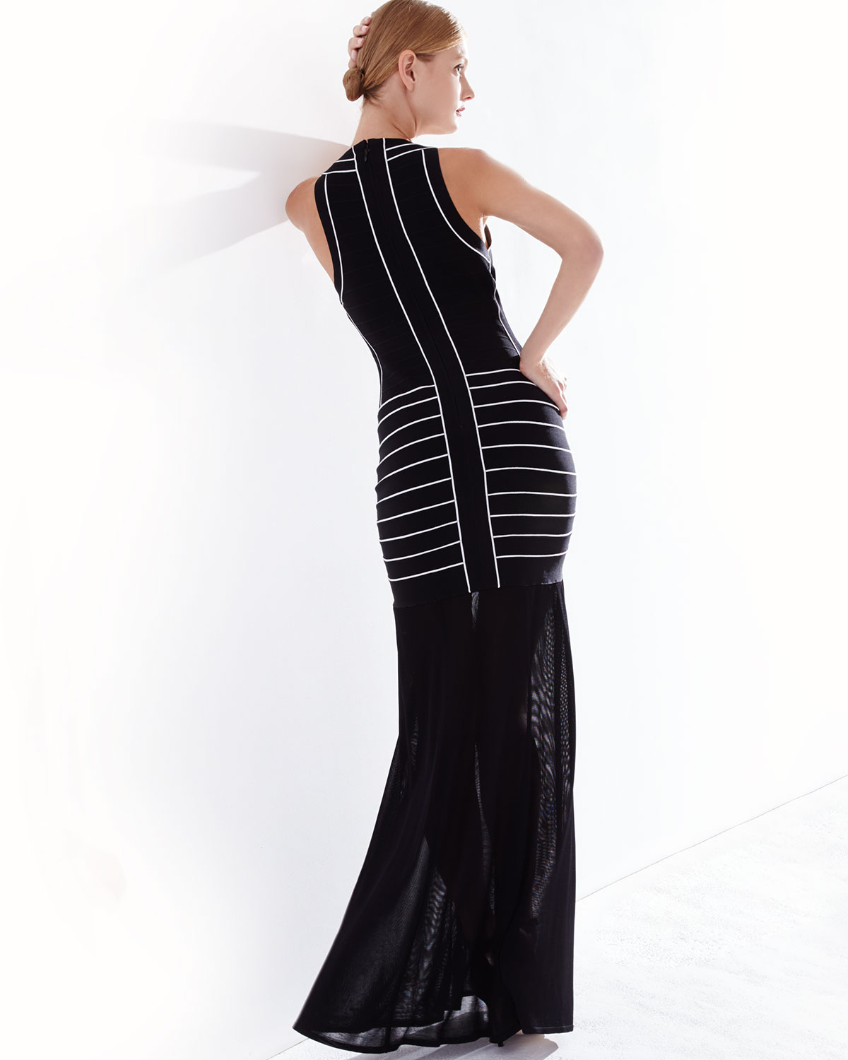 Sleeveless Contrast-Seam Halter Gown, Black Combo