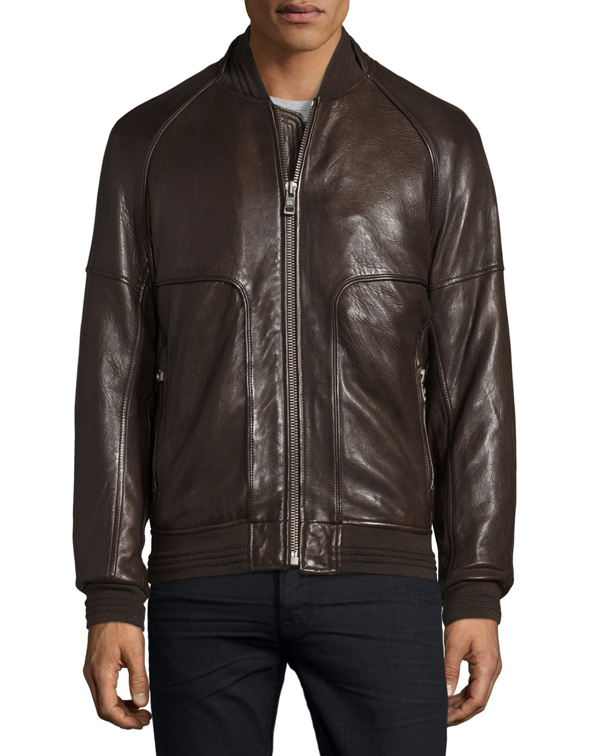 Hughes Leather Baseball Jacket w/Removable Fur Lining, Espresso