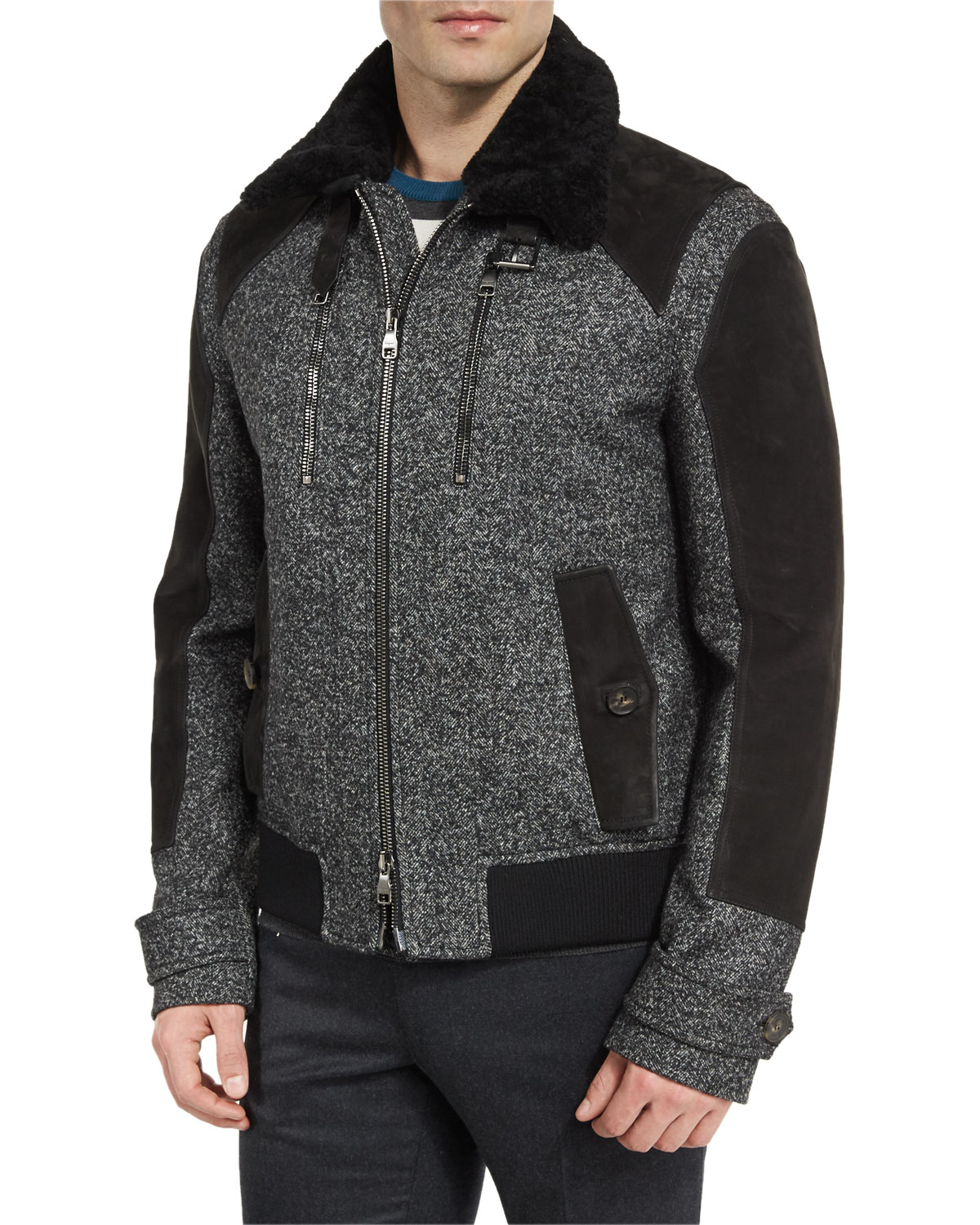 tweed & leather bomber jacket w/shearling trim