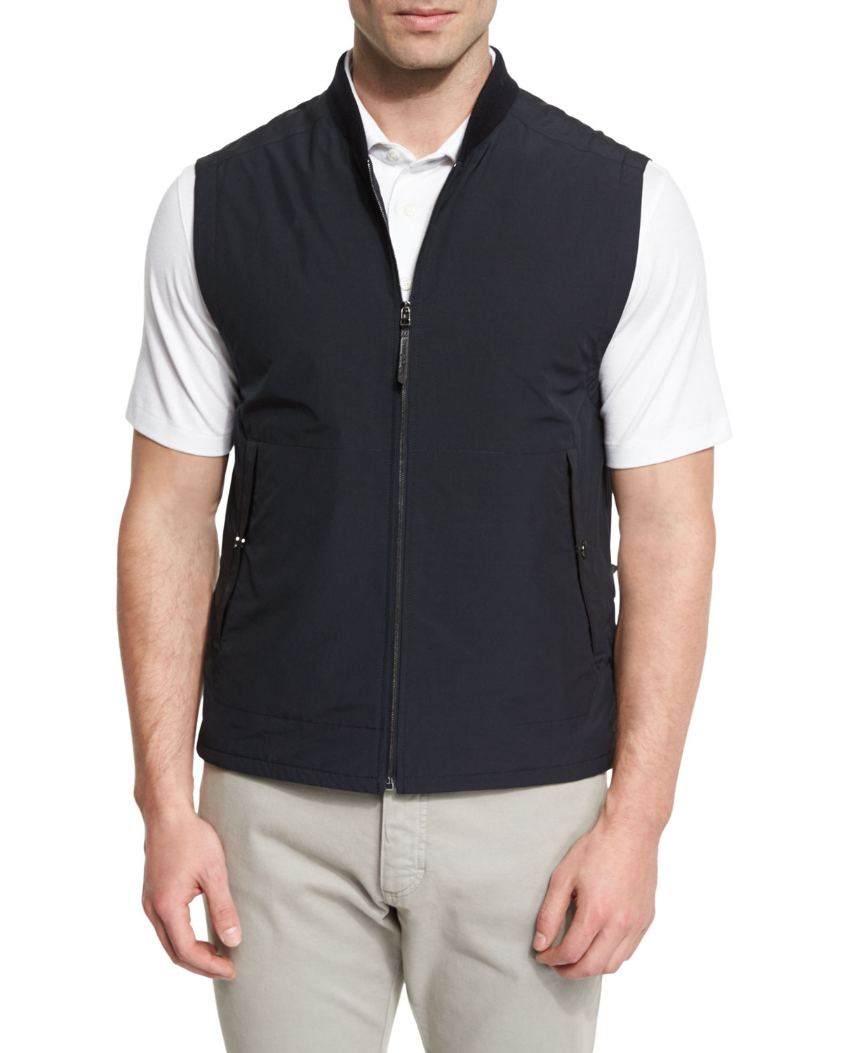 Knit-Trim Vest w/ Leather Details, Navy