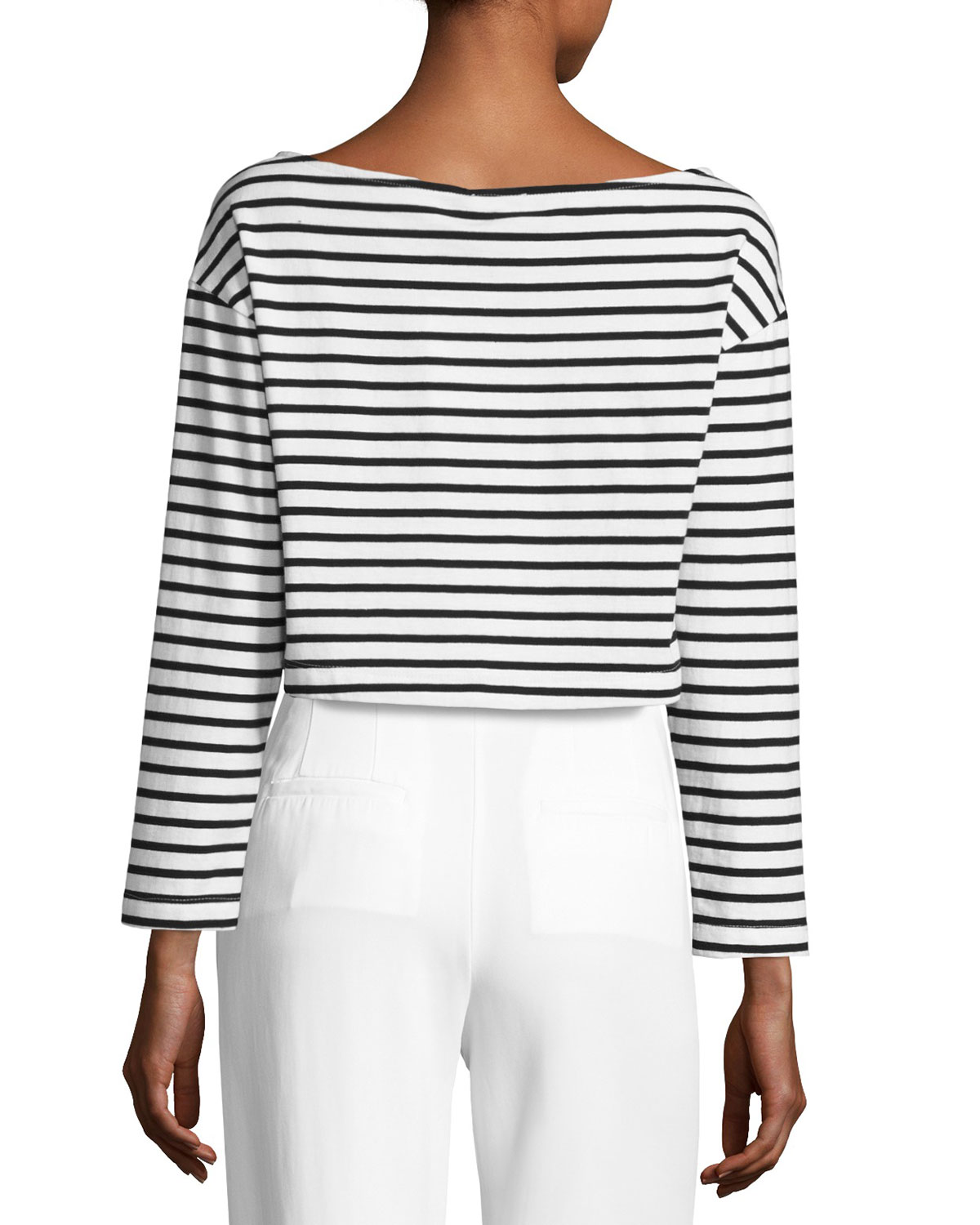 Audrie Long-Sleeve Striped Crop Boxy Tee, Black