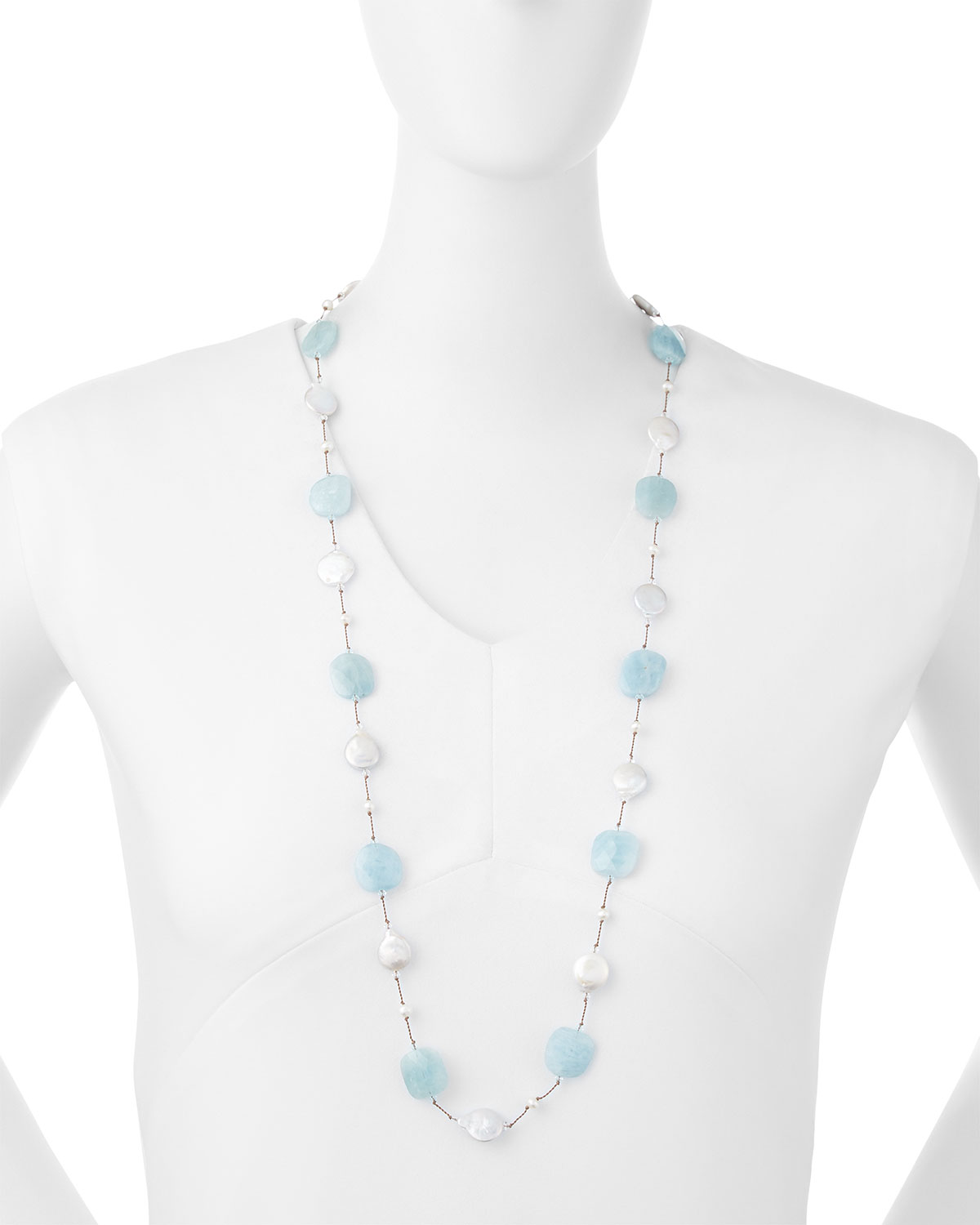 Aquamarine & Coin Pearl Long Necklace, 35"L