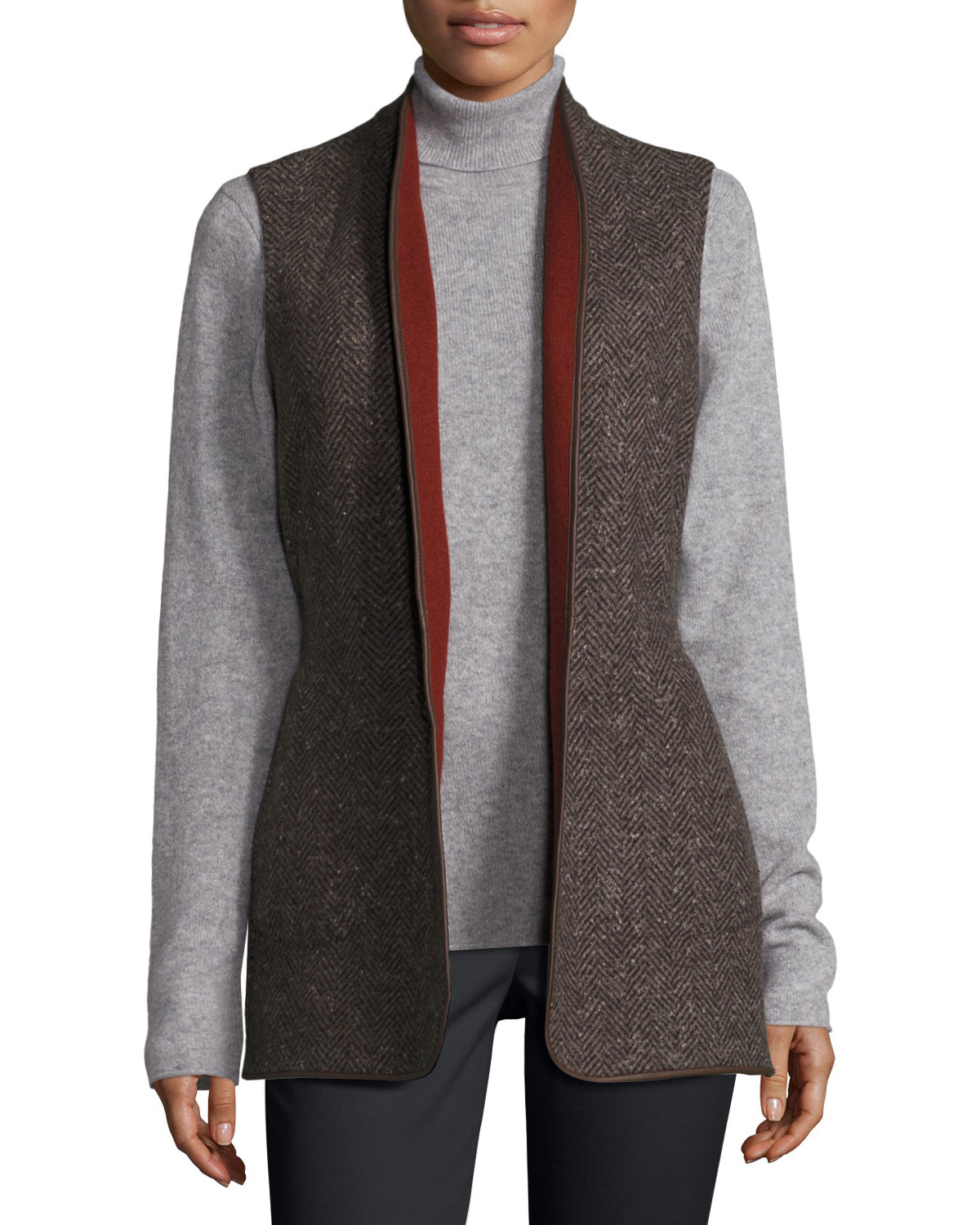 Glenn Reversible Belted Tweed Vest, Oxford/Karkade Red