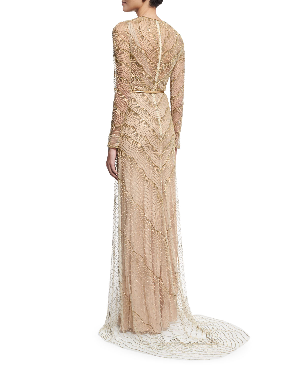 Beaded Illusion Long-Sleeve Gown, White/Gold